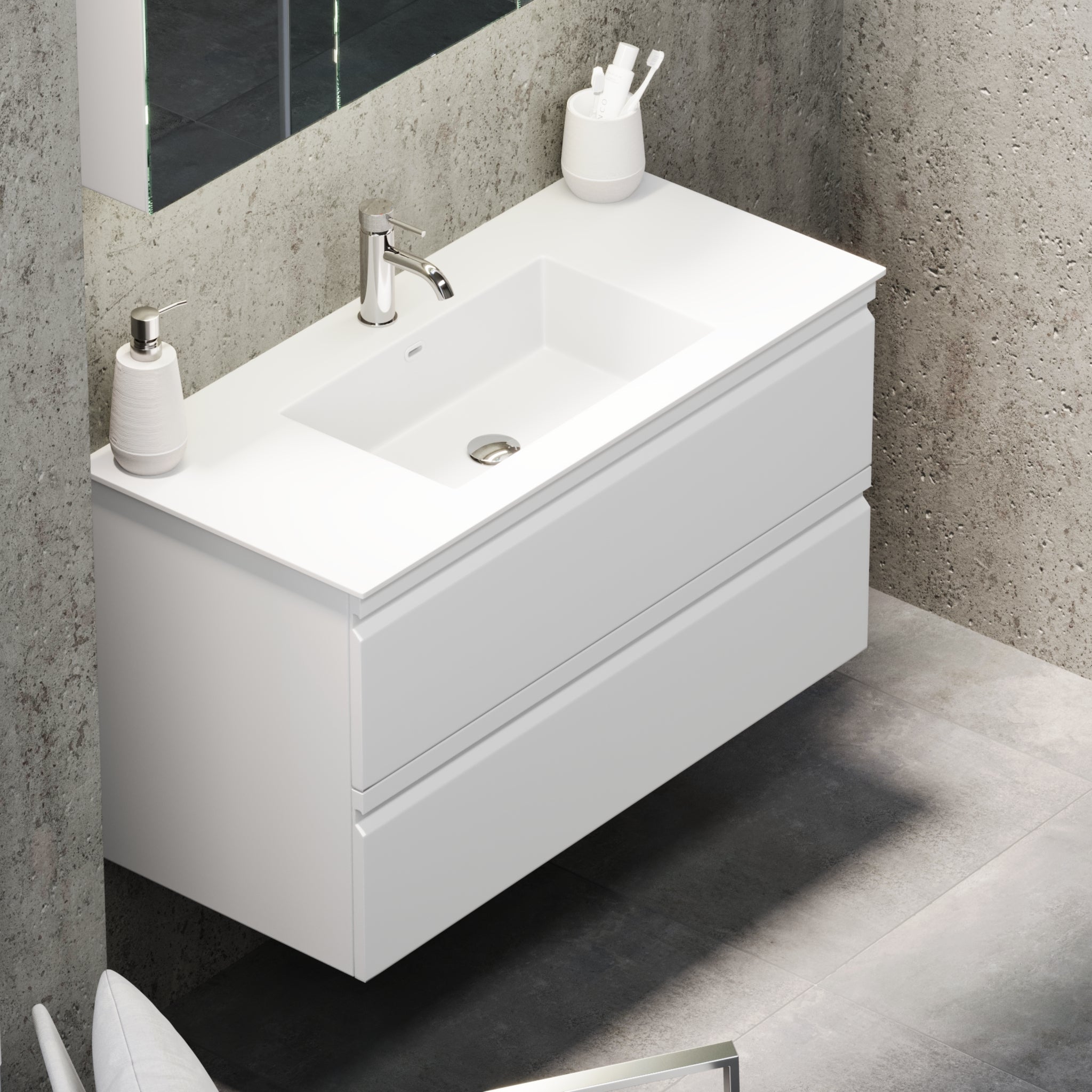 Badrumsmöbel med integrerade fronter - 100x46x57 cm - matt vit - tvättställ i solid surface - Knarrlagsund - Tvättställsskåp - Knarrlagsund, Furniture Set - Code, White Mat - 100 cm - MASTERSTORE - 8595677171136 - Furniture Set - Code - 74 - 100 - 52 - 01 - 40 - 8595677171136 -