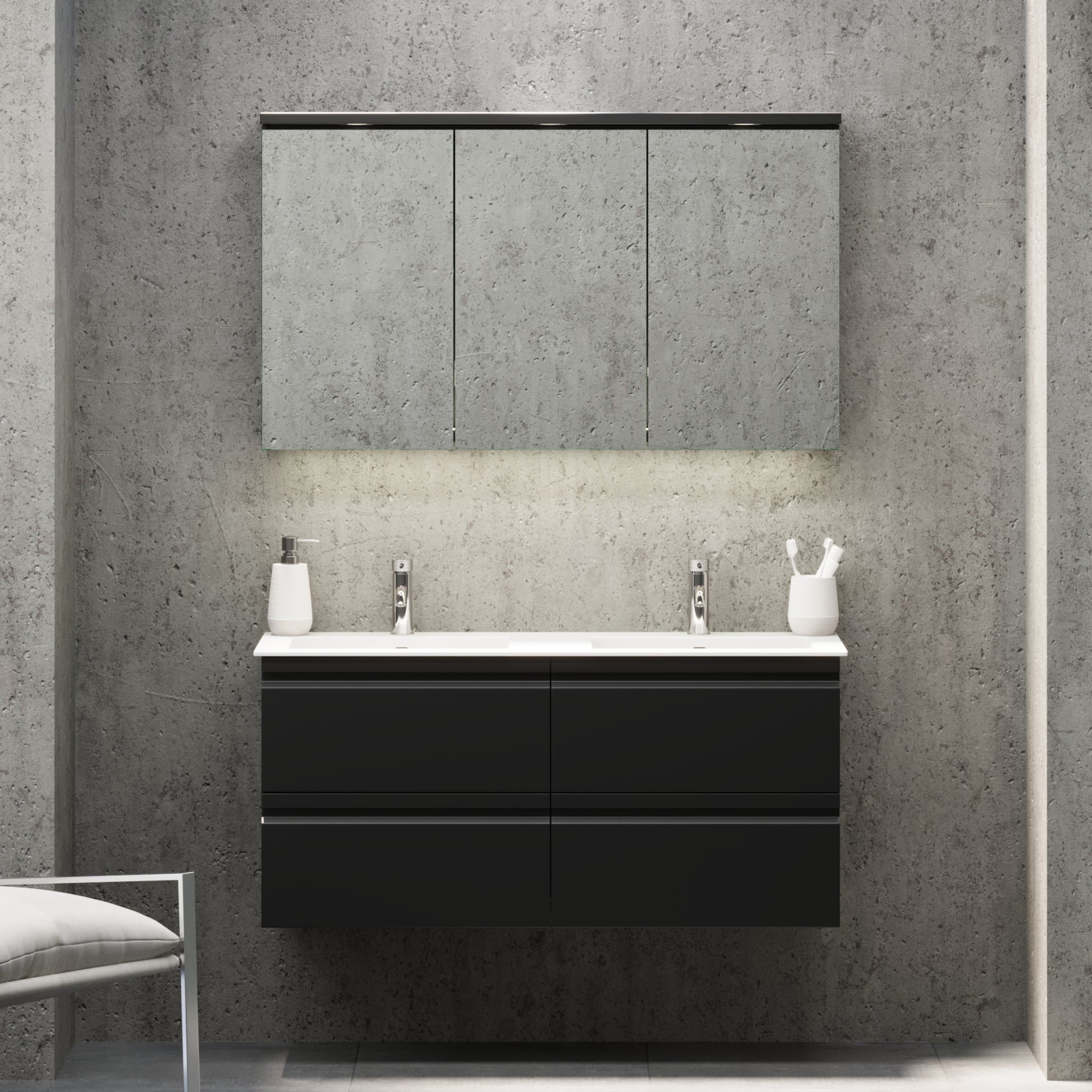 Badrumsmöbel med integrerade fronter - 100x46x57 cm - mattsvart - tvättställ i solid surface - Knarrlagsund - Tvättställsskåp - Knarrlagsund, Furniture Set - Code, Black Mat - 100 cm - MASTERSTORE - 8595677171143 - Furniture Set - Code - 74 - 100 - 52 - 02 - 40 - 8595677171143 -