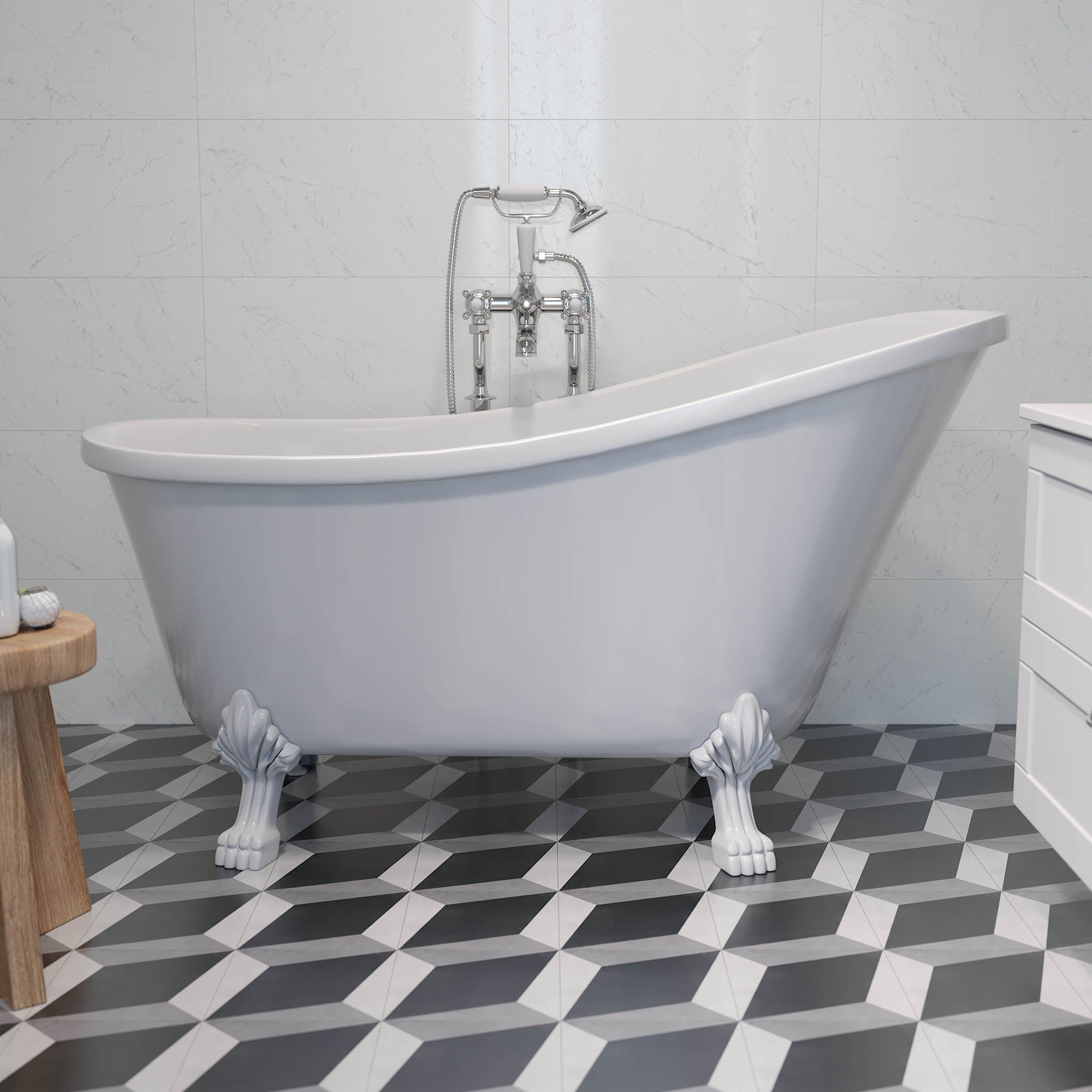 Svinkløv Tassbadkar 160 cm med Lejontassar, Vit Högblank