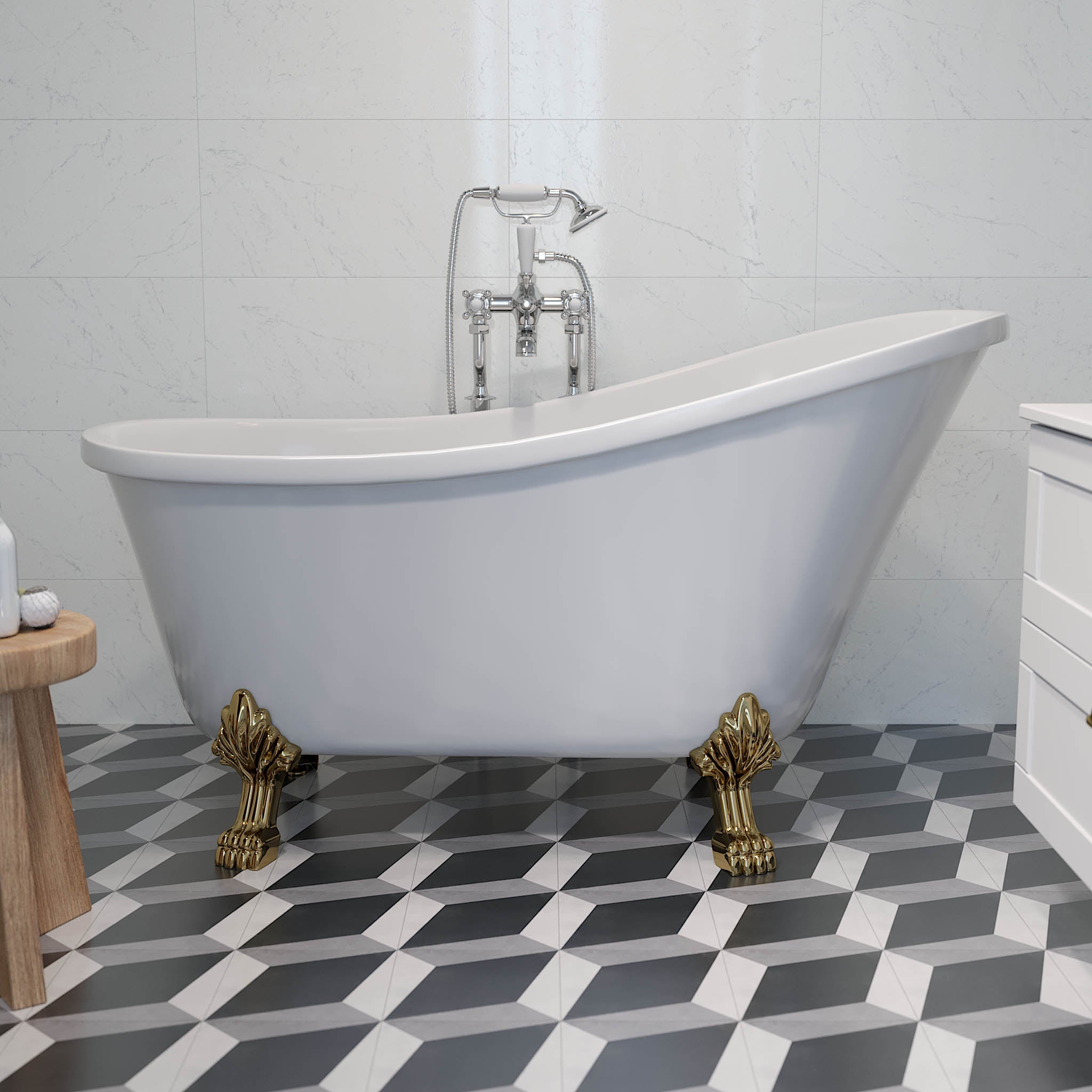 Svinkløv Tassbadkar 160 cm med Lejontassar, Vit Högblank