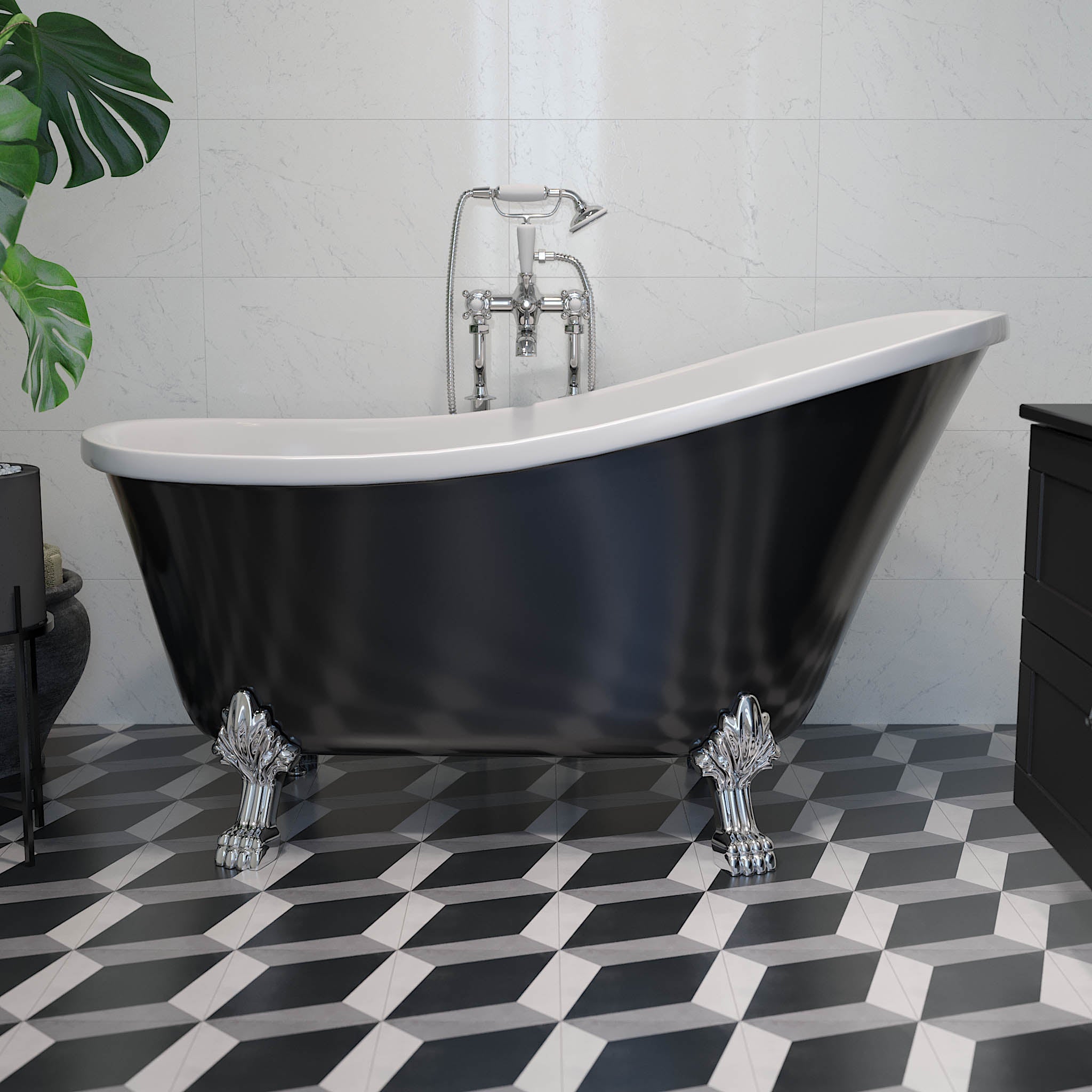Fristående retro badkar 160 cm i svart akryl med lejontassar i antikmässing och avloppssats - Svinkløv - Fritstående badkar - Svinkløv, Bathtub Set - Code, Brass Antique - 160 cm - MASTERSTORE - 8595677176100 - Bathtub - 47 - 160 - 65 - 65 - 42 - 8595677176100 -