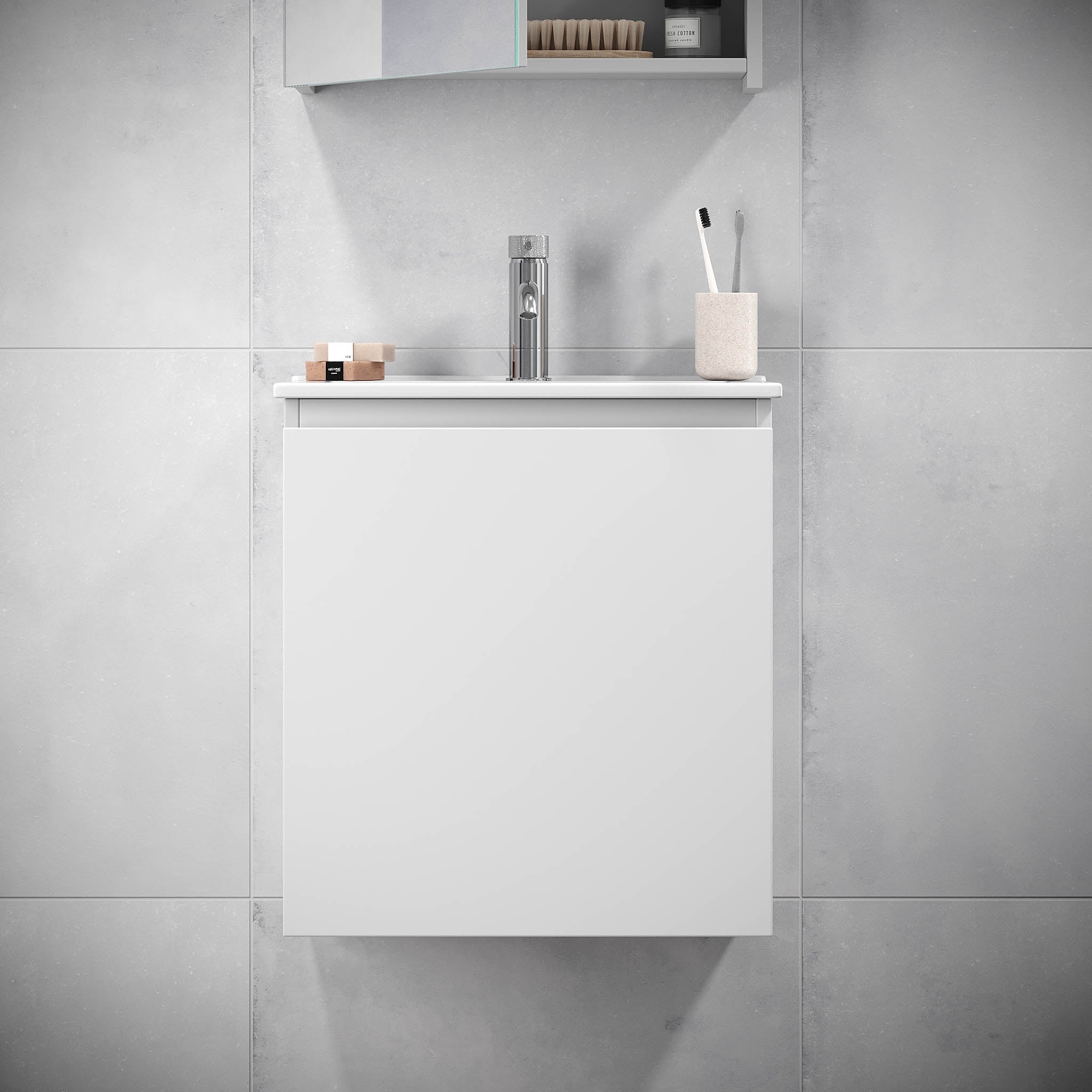 Badrumsmöbelpaket med underskåp och tvättställ i porslin - 51x41x55 cm - mattvit - Kenwood - Tvättställsskåp - Kenwood, Furniture Set - One Box, White Mat - 50 cm - MASTERSTORE - 8595677177190 - Furniture Set - One Box - 09 - 050 - 63 - 01 - 01 - 8595677177190 -