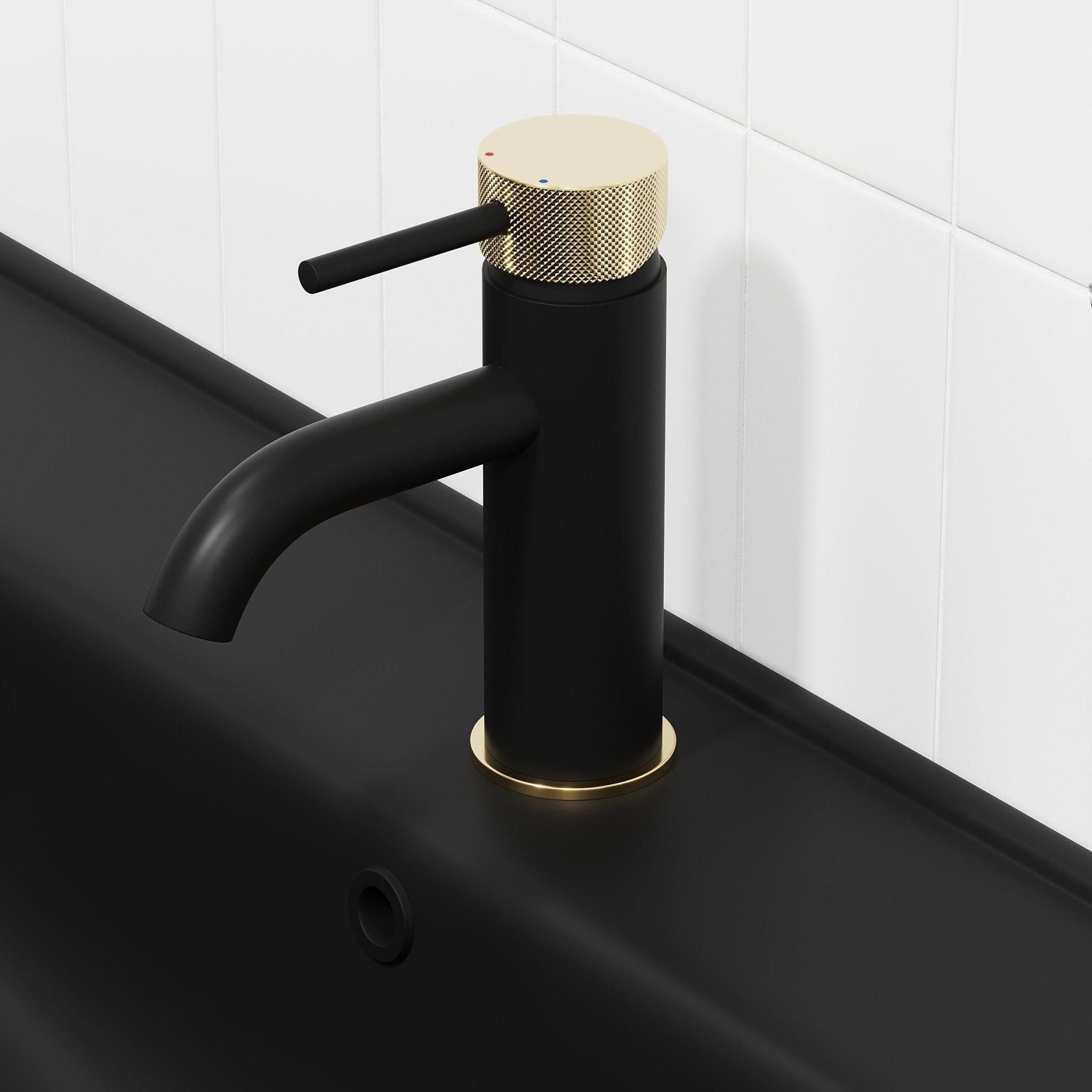 Washbasin fitting round 15.7 cm - matt black with shiny brass details - Anholt - MASTERSTORE - 8595677177305 - Washbasin Mixers - 28-005-03-72-00 - 8595677177305