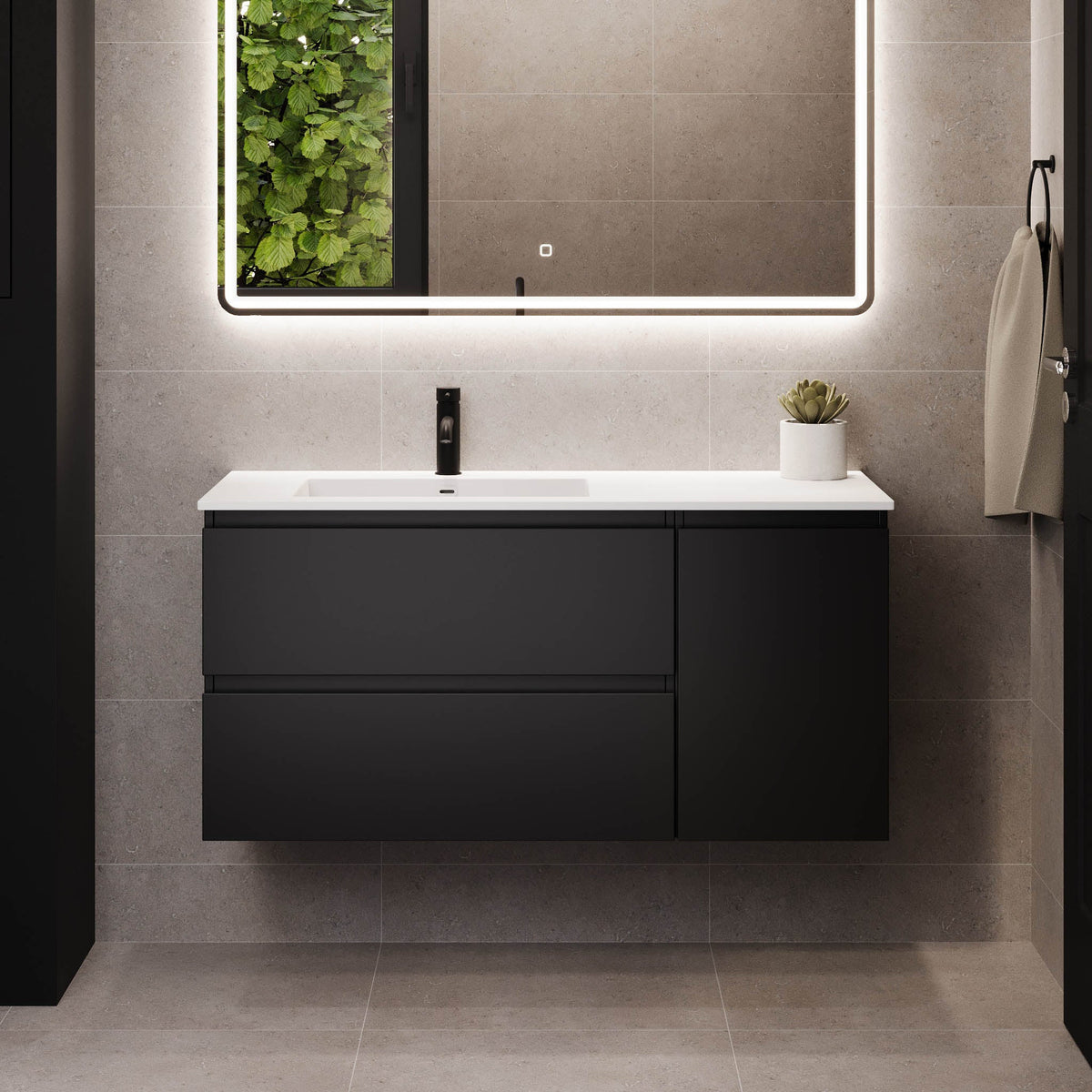 Badrumsmöbel med klassiska integrerade Fronter – 95x46x55 cm – matt svart – vänstervänd solid surface-tvättställ – Sifjord