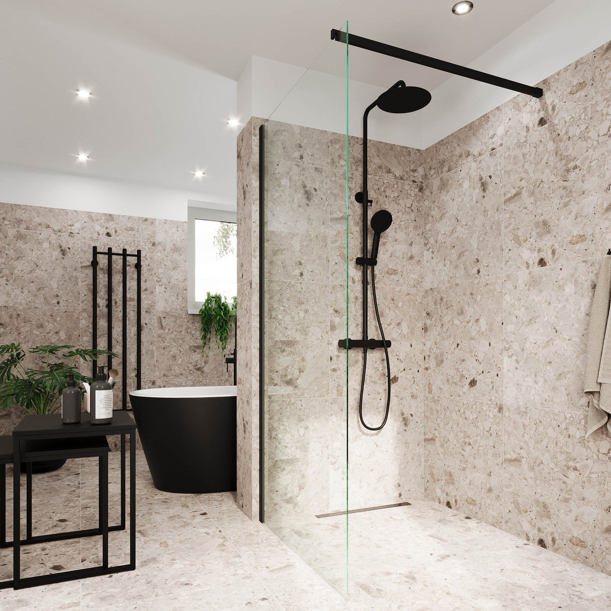 Shower screen with bar 90x195 cm - 5 mm clear nano glass - black profile - Sandefjord - MASTERSTORE - 8595677180473 - Shower Walls - 42-090-07-02-00 - 8595677180473