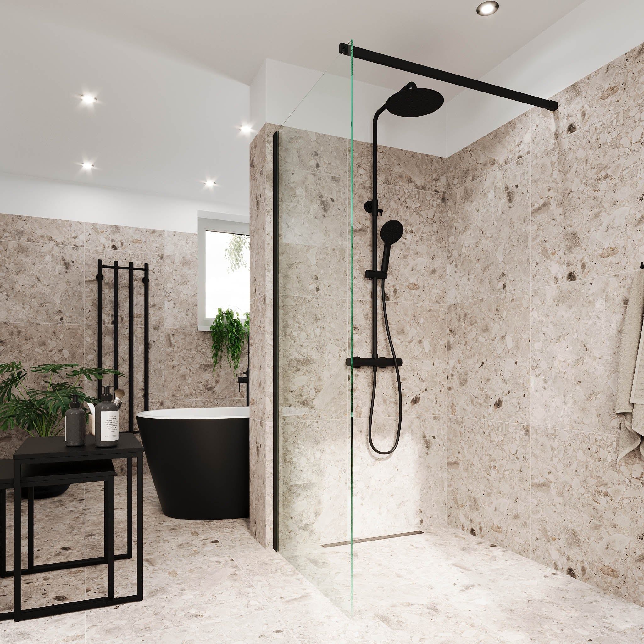 Shower screen with bar 80x195 cm - 5 mm clear nano glass - black profile - Sandefjord - MASTERSTORE - 8595677180503 - Shower Walls - 42-080-07-02-00 - 8595677180503