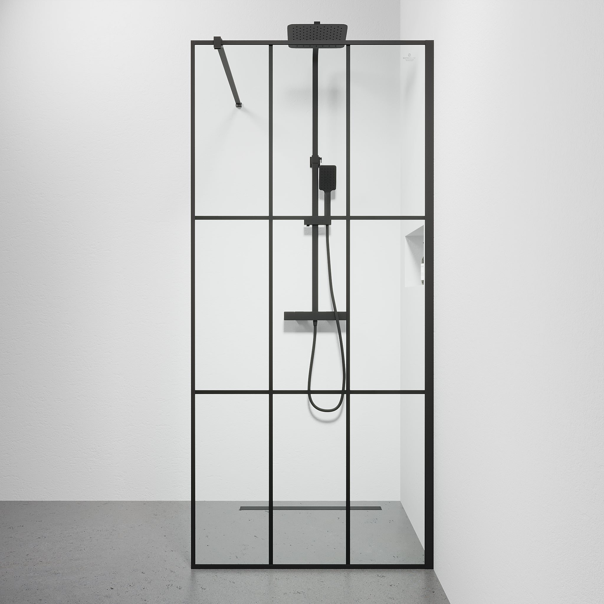 Fast duschvägg med stabiliseringsstag 90x190 cm - 5 mm klarglas med svarta stänger - svart profil - Tulsa - Duschväggar - Tulsa, Shower Wall, Black Mat - 90 cm - MASTERSTORE - 8595677180817 - Shower Wall - 42 - 090 - 14 - 02 - 02 - 8595677180817 -