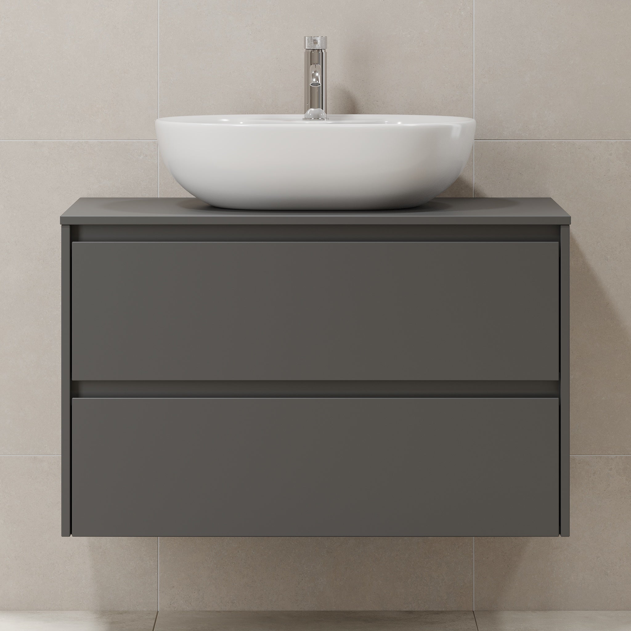 Badrumsmöbel med klassisk integrerad front - 90x46x57 cm - antracitgrå - bänkskiva med vitt porslinstvättställ - Svalbard - Tvättställsskåp - Svalbard, Furniture Set - Code, Grey Anthracite - 90 cm - MASTERSTORE - 8595677183634 - Furniture Set - Code - 83 - 090 - 10 - 43 - 40 - 8595677183634 -