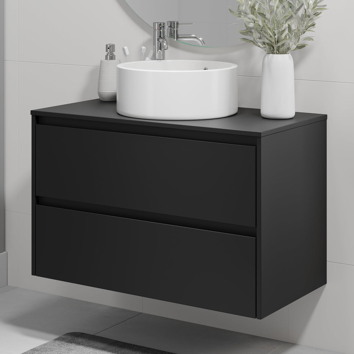 Badrumsmöbel med klassisk integrerad front – 60x46x57 cm – matt svart – bänkskiva med vitt Porslin-tvättställ – Lofoten