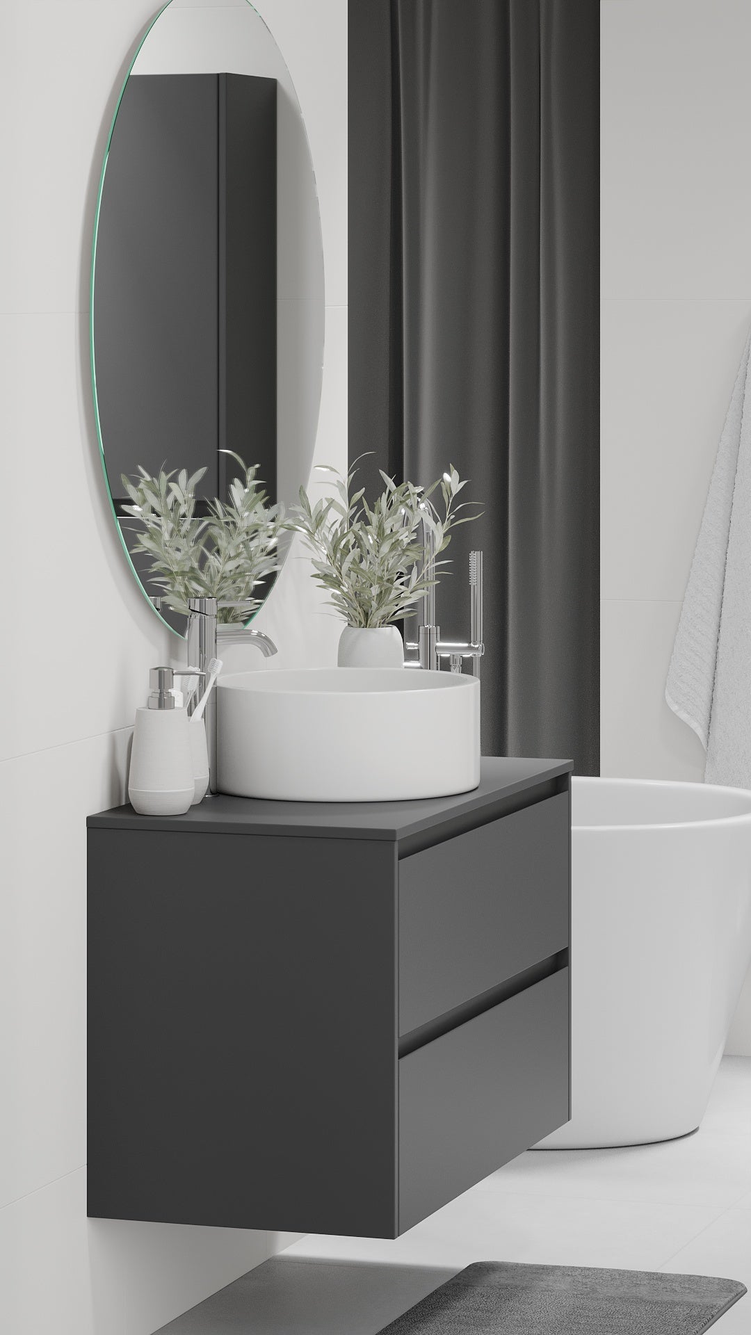 Badrumsmöbel med klassisk integrerad front - 90x46x57 cm - antracitgrå - bänkskiva med vitt porslinstvättställ - Lofoten - Tvättställsskåp - Lofoten, Furniture Set - Code, Grey Anthracite - 90 cm - MASTERSTORE - 8595677183931 - Furniture Set - Code - 83 - 090 - 42 - 43 - 40 - 8595677183931 -