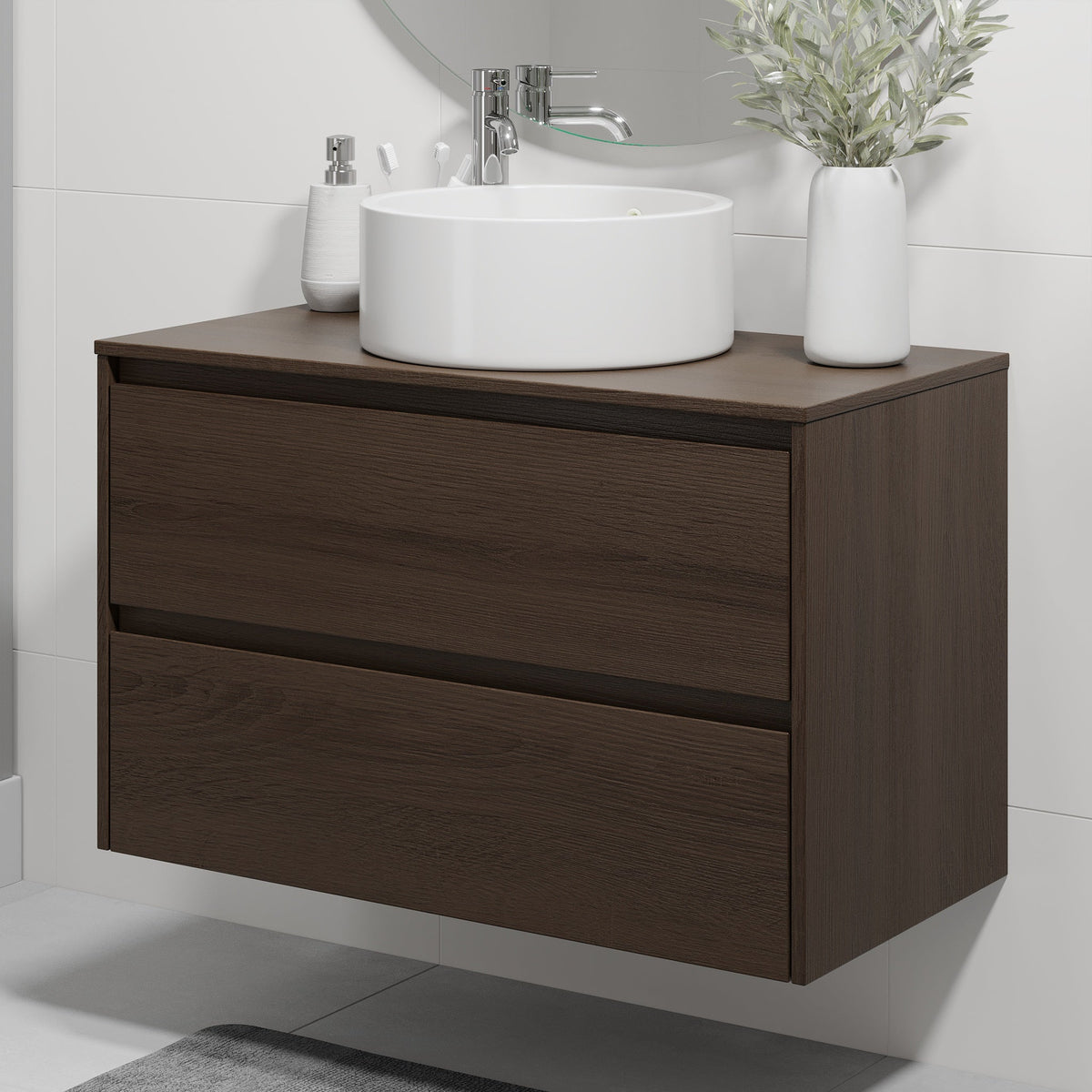 Badrumsmöbel med klassisk integrerad front - 90x46x57 cm - valnöt - bordsskiva med vitt Porslin-tvättställ - Lofoten