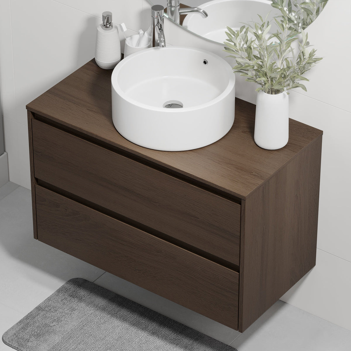 Badrumsmöbel med klassisk integrerad front - 90x46x57 cm - valnöt - bordsskiva med vitt Porslin-tvättställ - Lofoten
