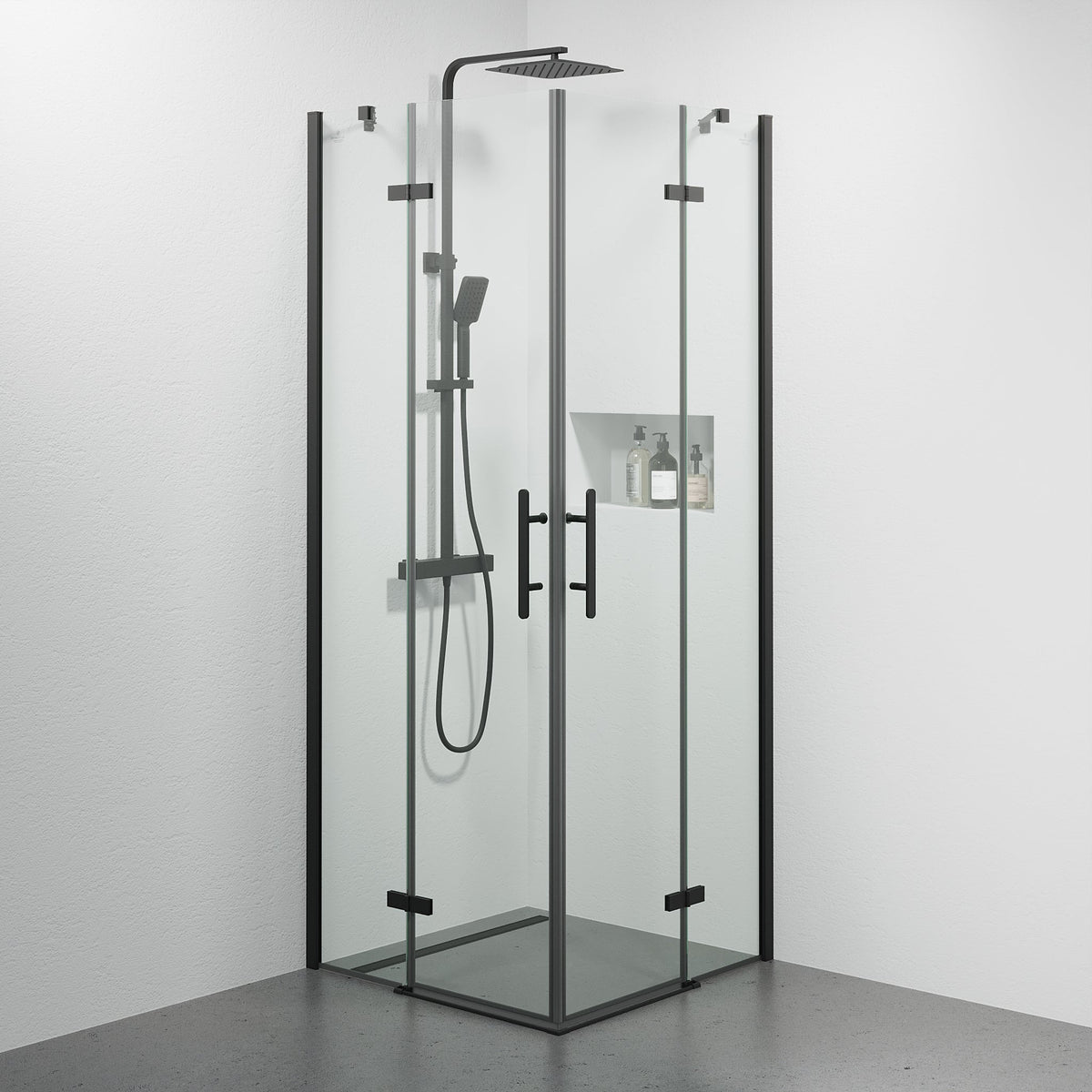 Duschhörna kvadratisk 90x90x200 cm - 5 mm klart nanoglas - svart profil - Rämen