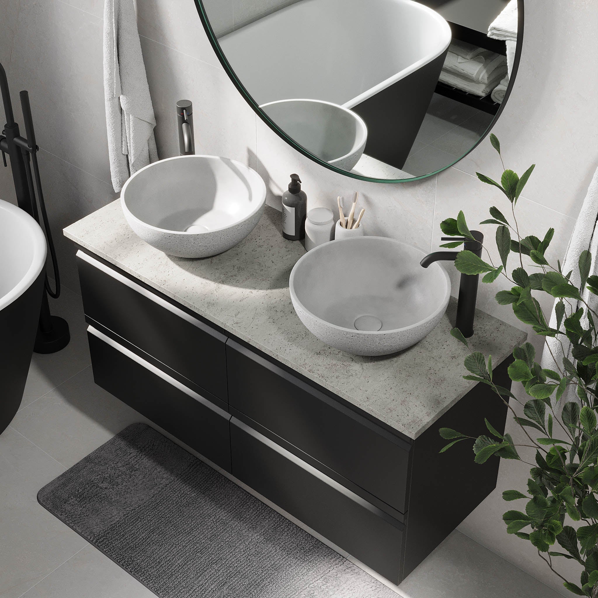 Badrumsmöbel med moderna integrerade fronter - 120x46x57 cm - mattsvart - betongbänkskiva och singel tvättställ - Bardufoss - Tvättställsskåp - Bardufoss, Furniture Set - Code, Black Mat - 120 cm - MASTERSTORE - 8595677191097 - Furniture Set - Code - 74 - 120 - 14 - 02 - 40 - 8595677191097 -