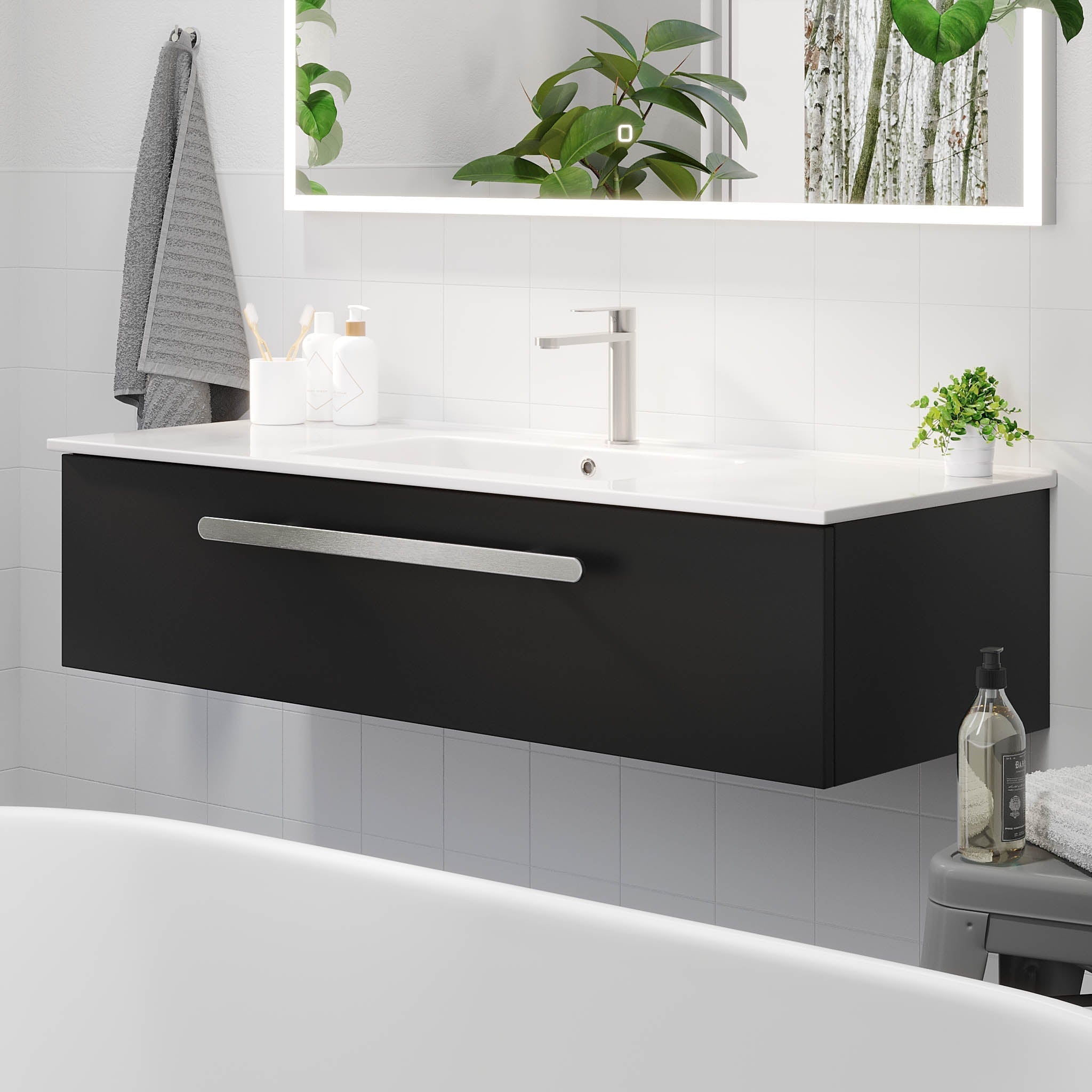Badrumsmöbel med klassisk front - 100x46x29 cm - mattsvart - porslinstvättställ - satinhandtag - Colina - Tvättställsskåp - Colina, Furniture Set - Basin & Cabinet, Black Mat - 100 cm - MASTERSTORE - 8595677192926 - Furniture Set - Code - 85 - 100 - 50 - 02 - 40 - 8595677192926 -