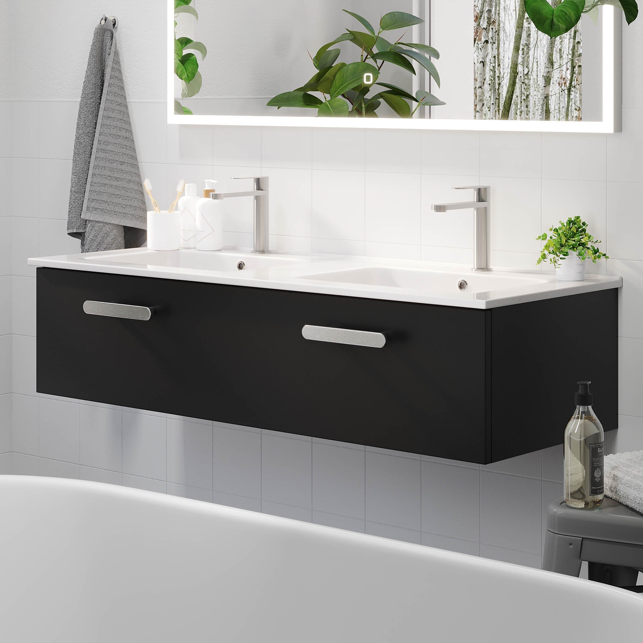 Badrumsmöbel med klassisk front - 100x46x29 cm - mattsvart - porslinstvättställ - satinhandtag - Colina - Tvättställsskåp - Colina, Furniture Set - Basin & Cabinet, Black Mat - 100 cm - MASTERSTORE - 8595677192926 - Furniture Set - Code - 85 - 100 - 50 - 02 - 40 - 8595677192926 -
