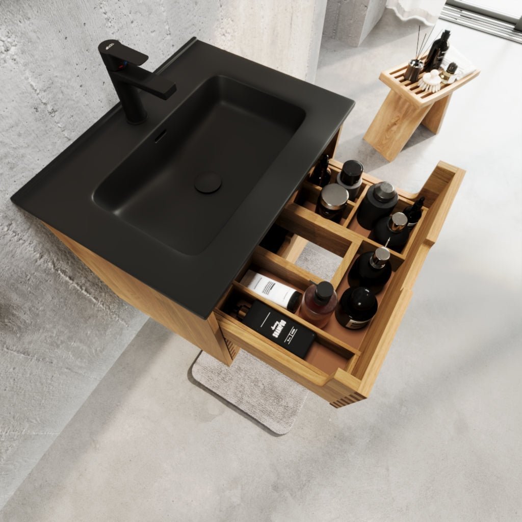 Badrumsmöbel i massiv ek – 2 lådor med fingertrycköppning – 60x46x57 cm – oljad ek – svart tvättställ Porslin – Troldeskoven - Tvättställsskåp - Troldeskoven, Furniture Set - Code, Oak - 60 cm - MASTERSTORE - 8595677193794 - Furniture Set - Code - 96 - 060 - 56 - 86 - 40 - 8595677193794 -