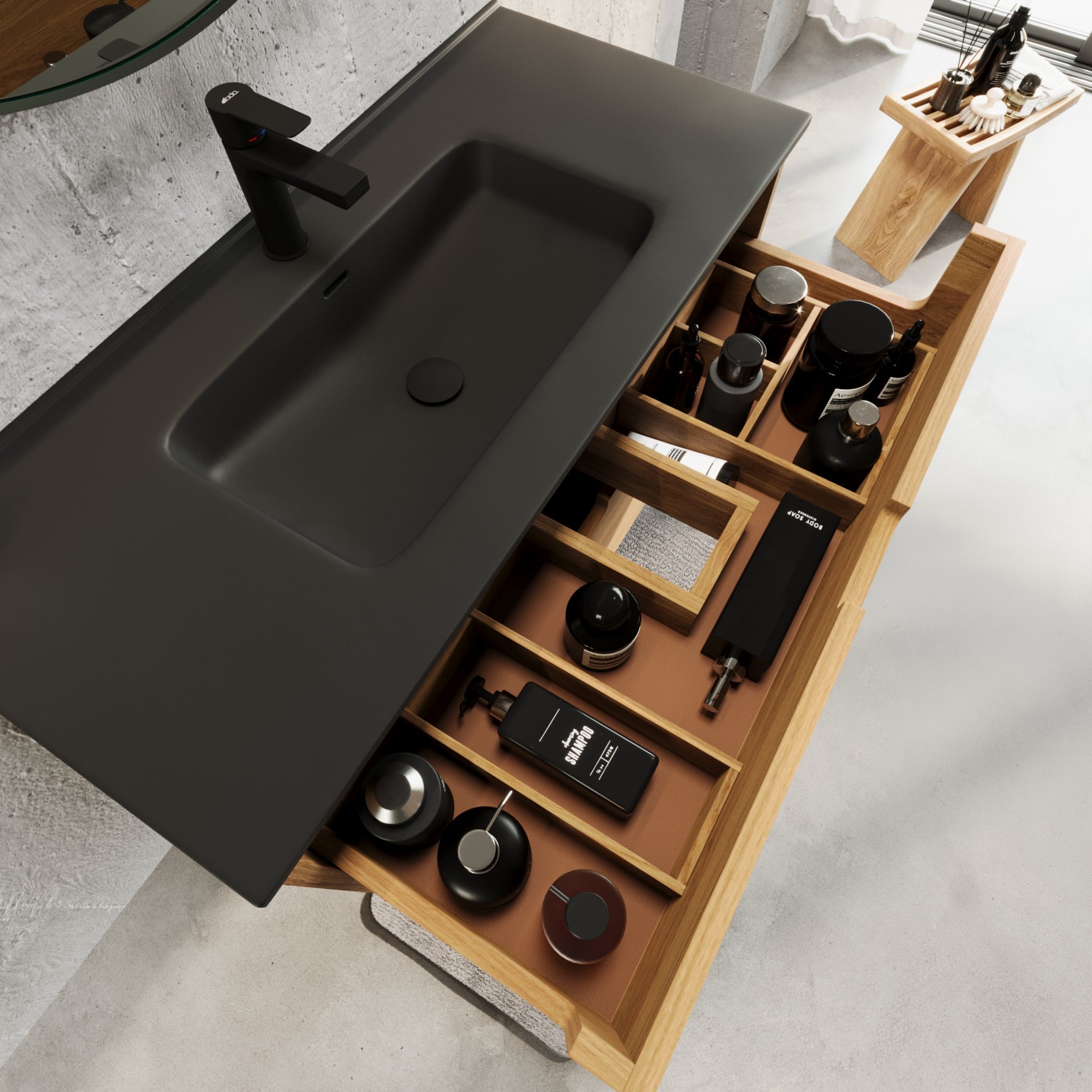 Badrumsmöbel i massiv ek - 2 lådor med finger touch - 120x46x57 cm - oljad ek - svart dubbelhandfat Porslin - Troldeskoven - Tvättställsskåp - Troldeskoven, Furniture Set - Code, Oak - 120 cm - MASTERSTORE - 8595677193824 - Furniture Set - Code - 96 - 120 - 56 - 86 - 40 - 8595677193824 -