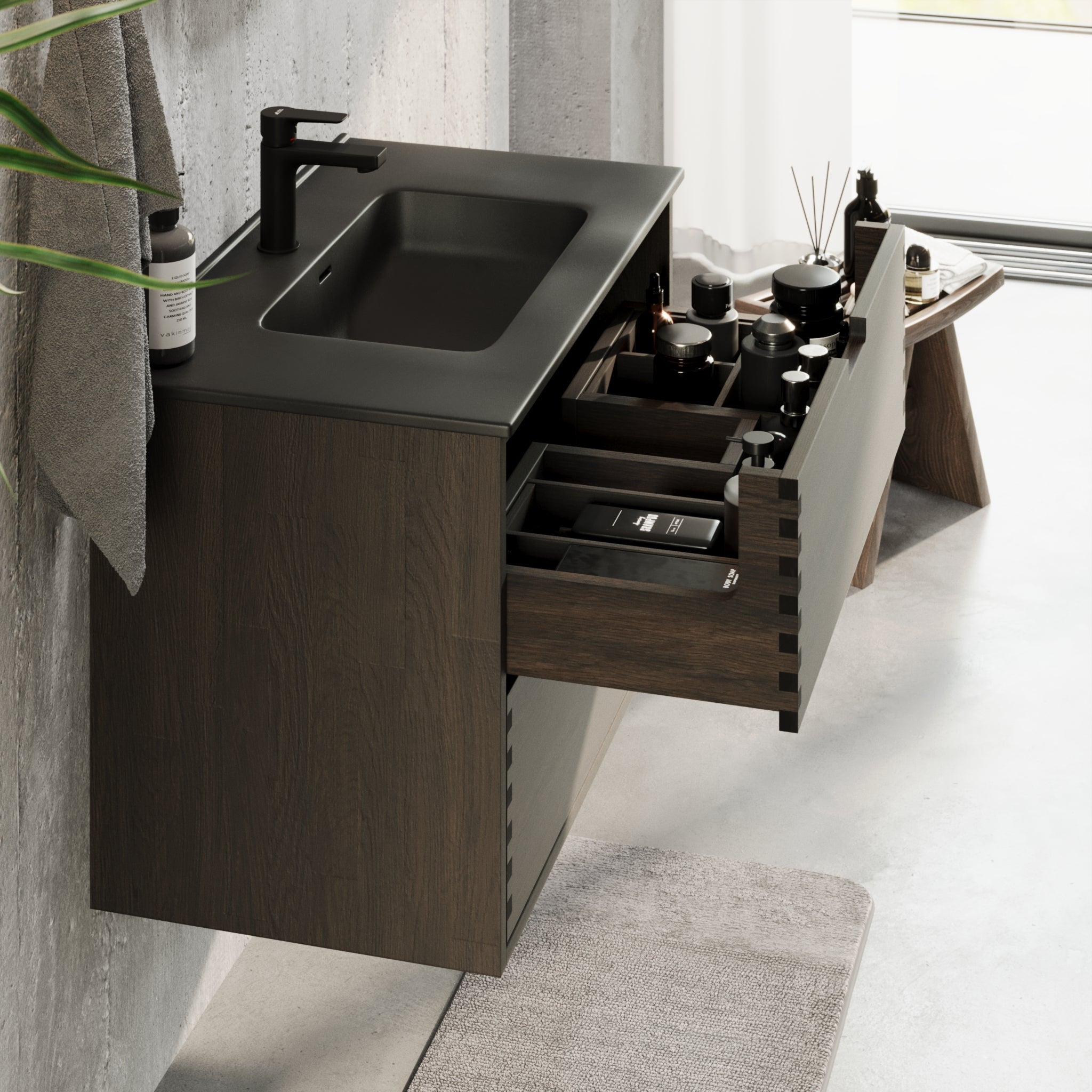 Badrumsmöbel i massiv ek - 2 lådor med fingertryck - 60x46x57 cm - svart ek - svart Porslin handfat - Troldeskoven - Tvättställsskåp - Troldeskoven, Furniture Set - Code, Oak Black - 60 cm - MASTERSTORE - 8595677193831 - Furniture Set - Code - 96 - 060 - 56 - 82 - 40 - 8595677193831 -