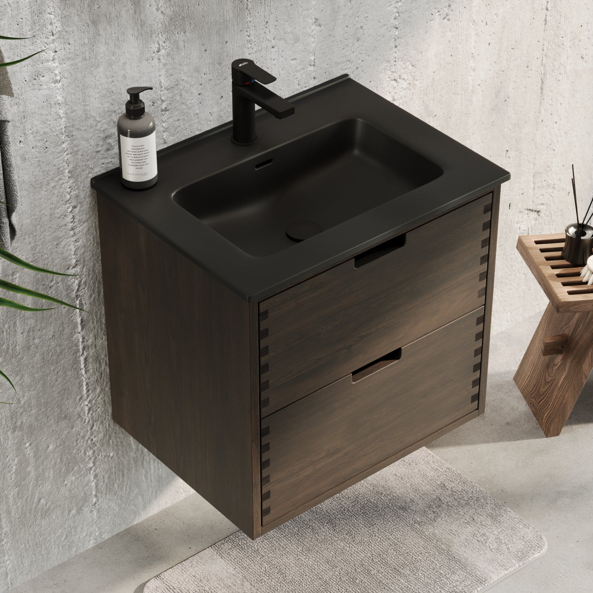 Badrumsmöbel i massiv ek - 2 lådor med fingerknackning - 120x46x57 cm - svart ek - svart Porslin dubbelt tvättställ - Troldeskoven - Tvättställsskåp - Troldeskoven, Furniture Set - Code, Oak Black - 120 cm - MASTERSTORE - 8595677193862 - Furniture Set - Code - 96 - 120 - 56 - 82 - 40 - 8595677193862 -