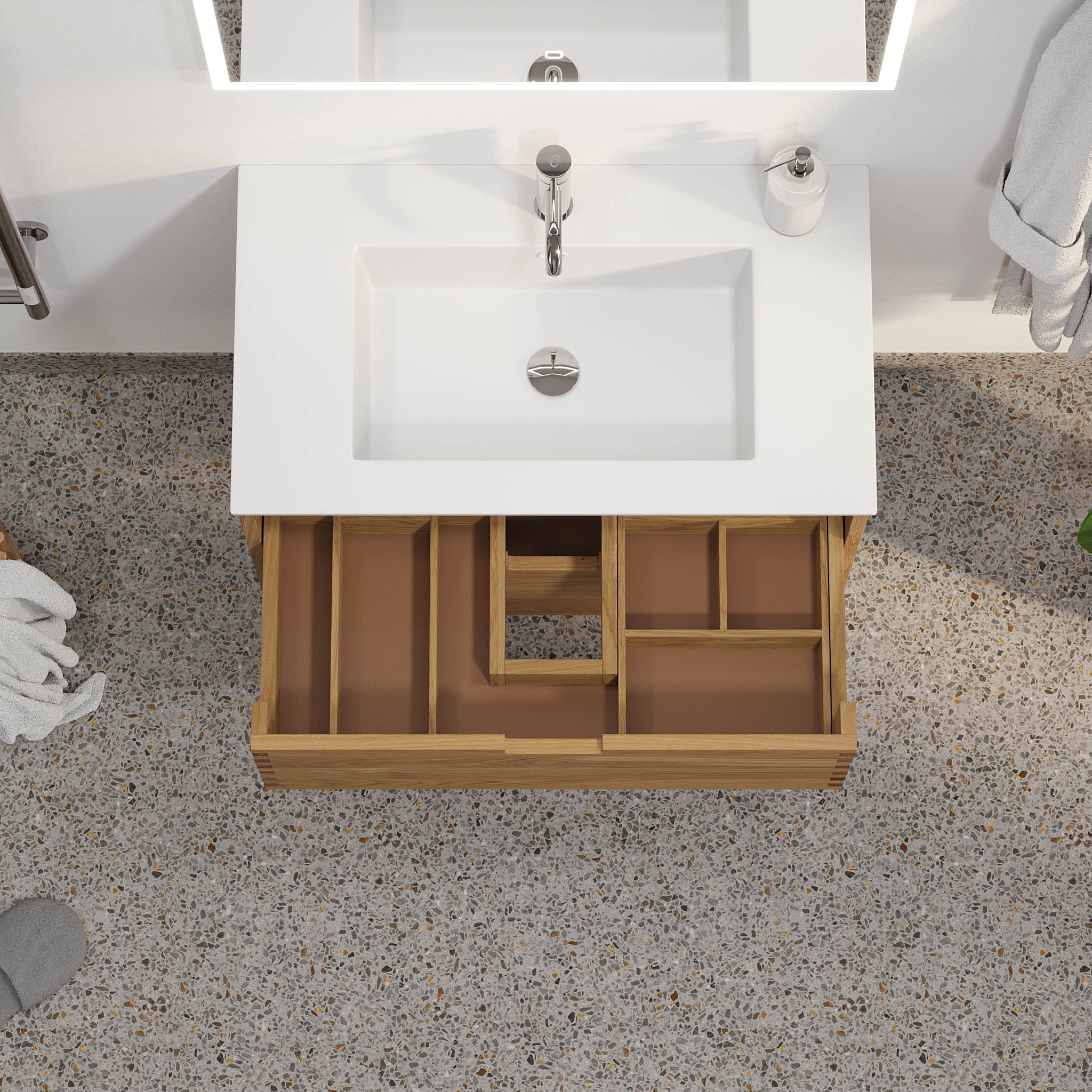 Badrumsmöbel i massiv ek - 2 lådor med fingerskarv - 100x46x57 cm - oljad ek - tvättställ i solid surface - Egeskov - Tvättställsskåp - Egeskov, Furniture Set - Basin & Cabinet, Oak - 100 cm - MASTERSTORE - 8595677194029 - Furniture Set - Code - 96 - 100 - 52 - 86 - 40 - 8595677194029 -