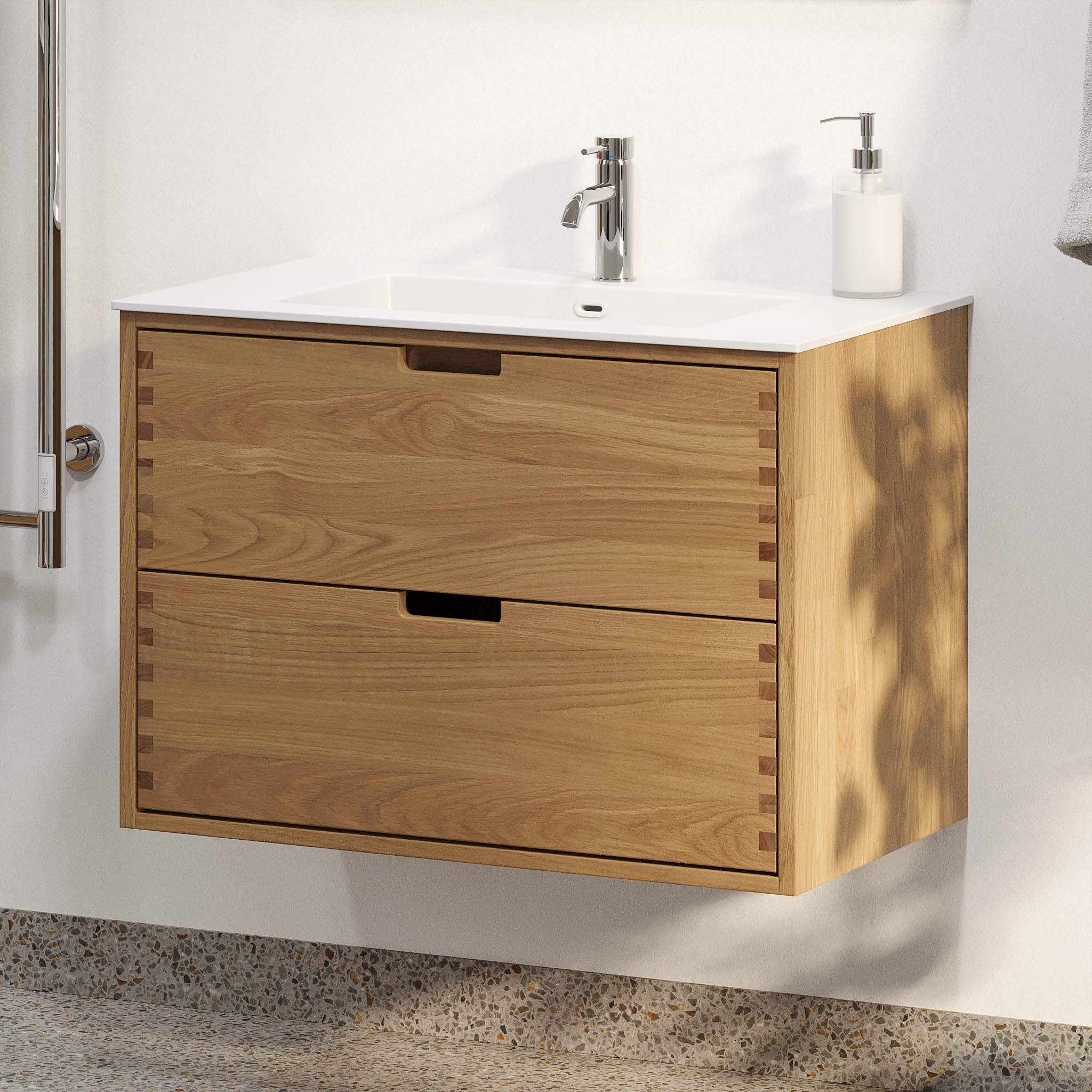 Badrumsmöbel i massiv ek - 2 lådor med fingerskarv - 100x46x57 cm - oljad ek - tvättställ i solid surface - Egeskov - Tvättställsskåp - Egeskov, Furniture Set - Basin & Cabinet, Oak - 100 cm - MASTERSTORE - 8595677194029 - Furniture Set - Code - 96 - 100 - 52 - 86 - 40 - 8595677194029 -