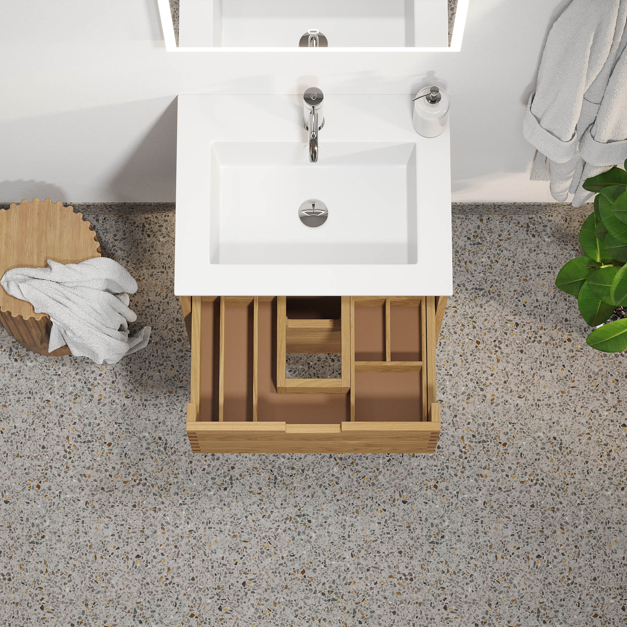 Badrumsmöbel i massiv ek - 2 lådor med fingerskarv - 100x46x57 cm - oljad ek - tvättställ i solid surface - Egeskov - Tvättställsskåp - Egeskov, Furniture Set - Basin & Cabinet, Oak - 100 cm - MASTERSTORE - 8595677194029 - Furniture Set - Code - 96 - 100 - 52 - 86 - 40 - 8595677194029 -