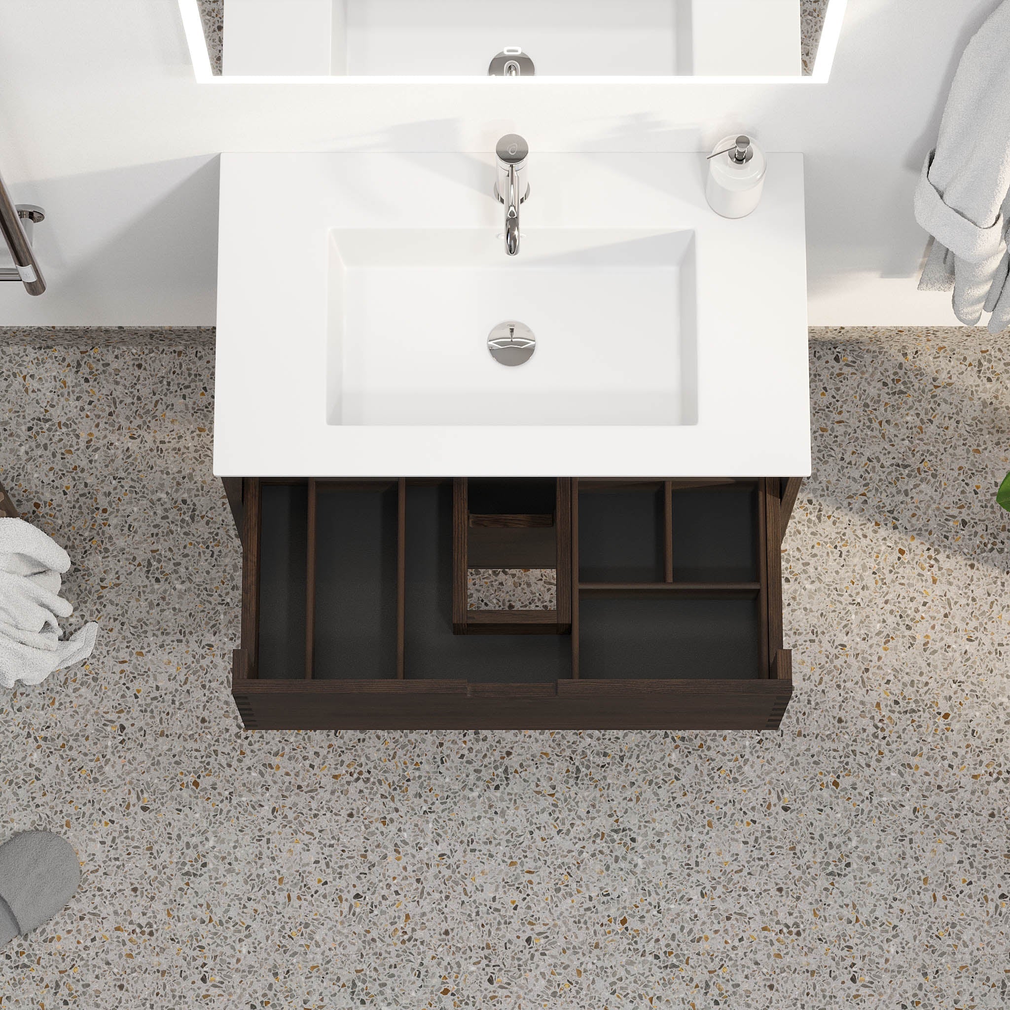 Badrumsmöbel i massiv ek - 2 lådor med fingerskarv - 120x46x57 cm - svart ek - dubbeltvättställ i solid surface - Egeskov - Tvättställsskåp - Egeskov, Furniture Set - Basin & Cabinet, Oak Black - 120 cm - MASTERSTORE - 8595677194074 - Furniture Set - Code - 96 - 120 - 52 - 82 - 40 - 8595677194074 -