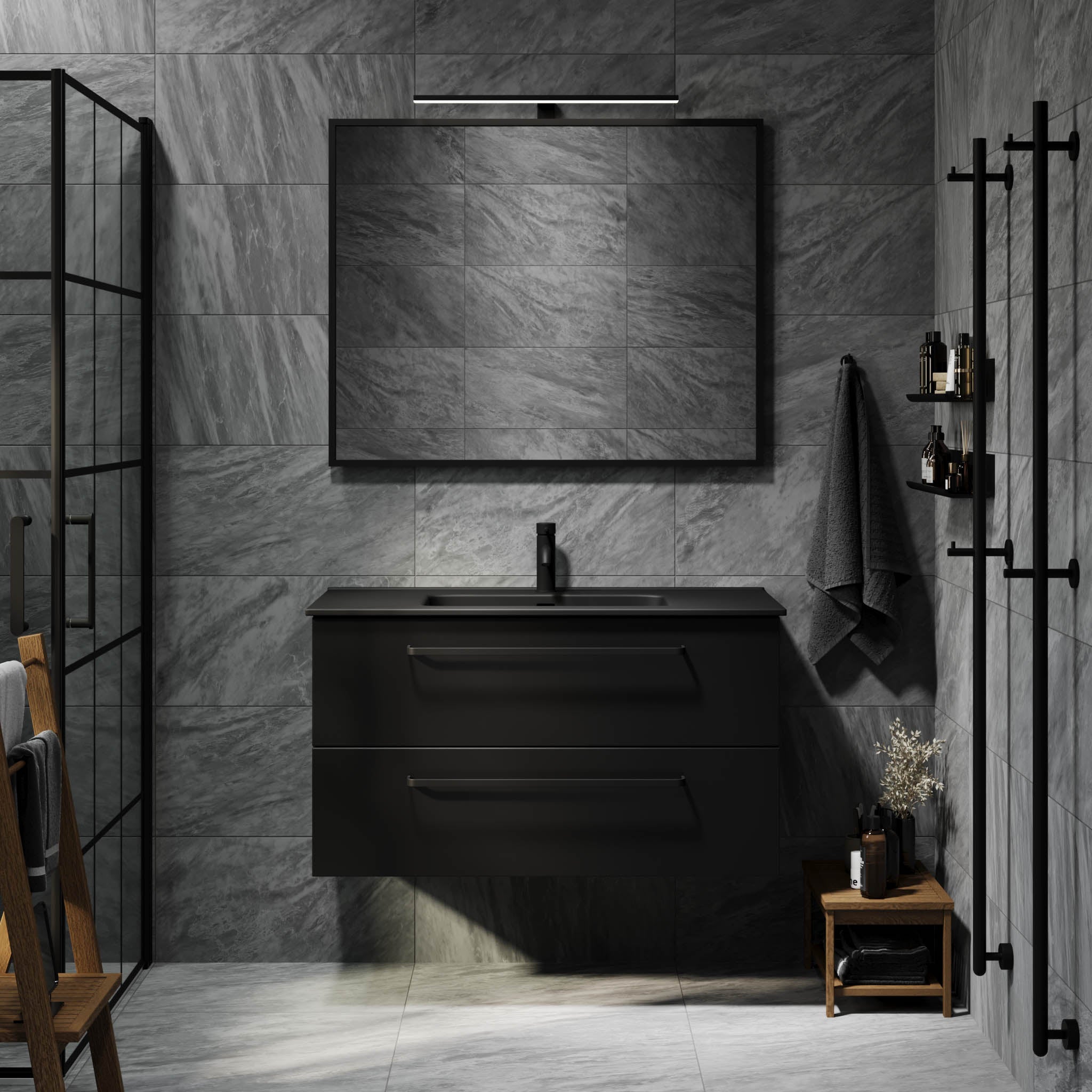 Vegsund Badrumsmöbel – Matt Svart med svarta handtag