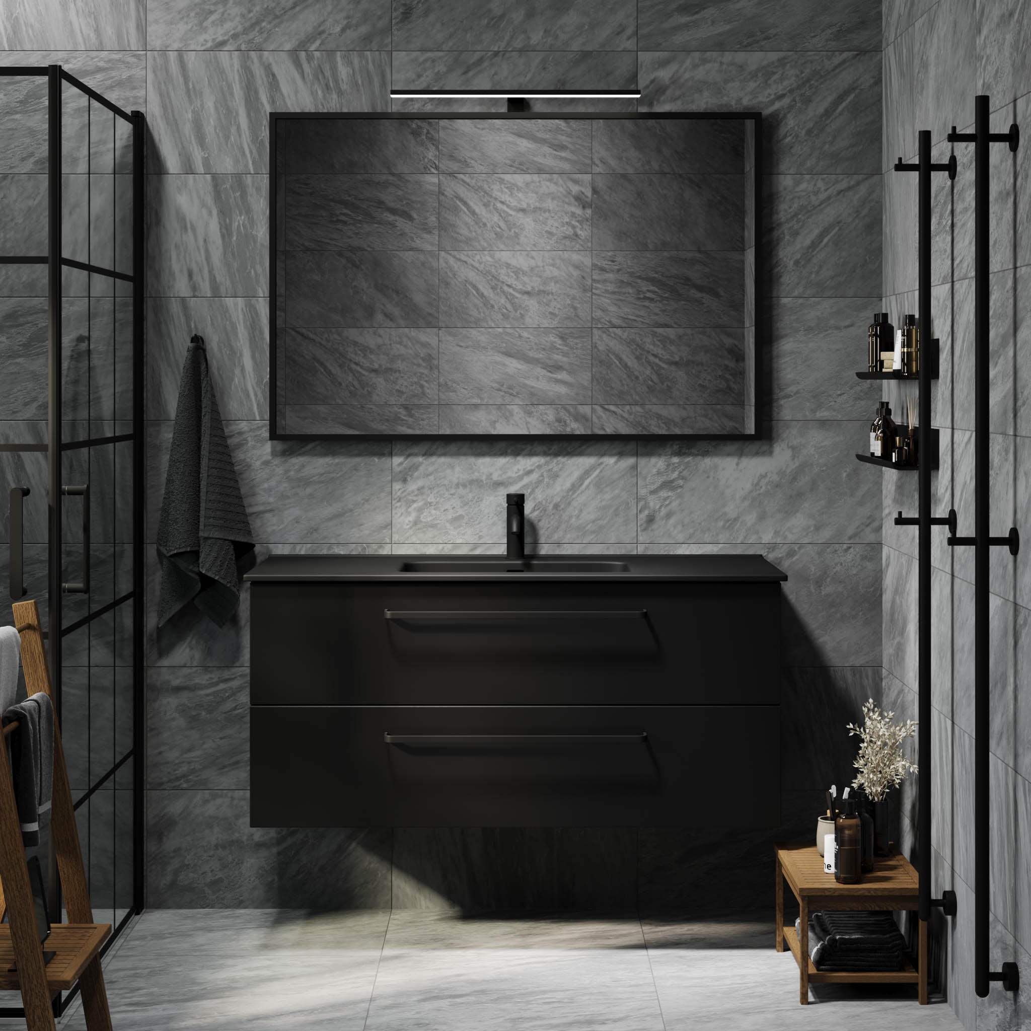 Vegsund Badrumsmöbel – Matt Svart med svarta handtag