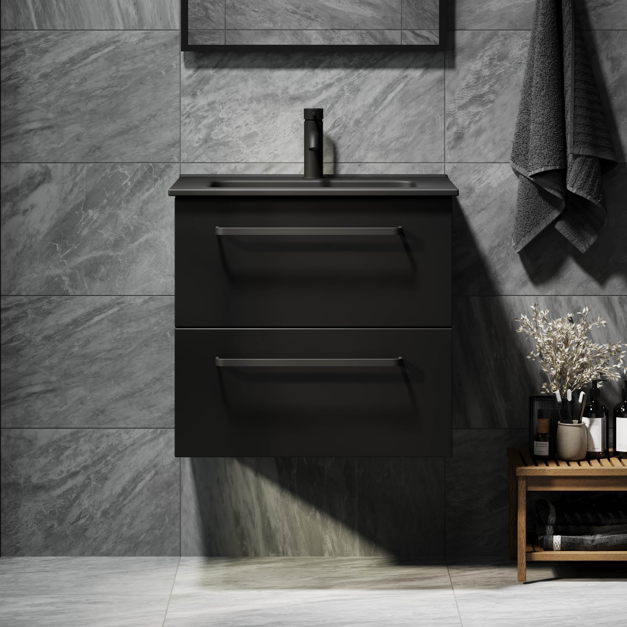 Vegsund Badrumsmöbel – Matt Svart med svarta handtag