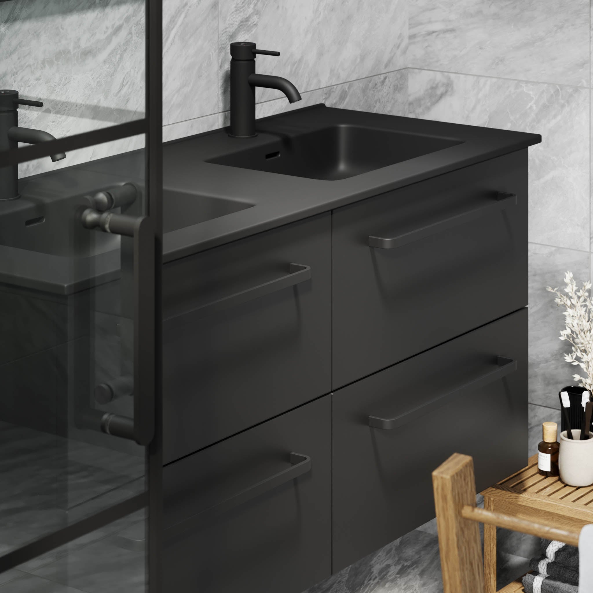 Badrumsmöbel med klassiska fronter - 120x46x57 cm - mattsvart - svart porslins dubbeltvättställ - svart handtag - Vegsund - Tvättställsskåp - Vegsund, Furniture Set - Basin & Cabinet, Black Mat - 120 cm - MASTERSTORE - 8595677194487 - Furniture Set - Basin & Cabinet - 70 - 120 - 56 - 02 - 62 - 8595677194487 -