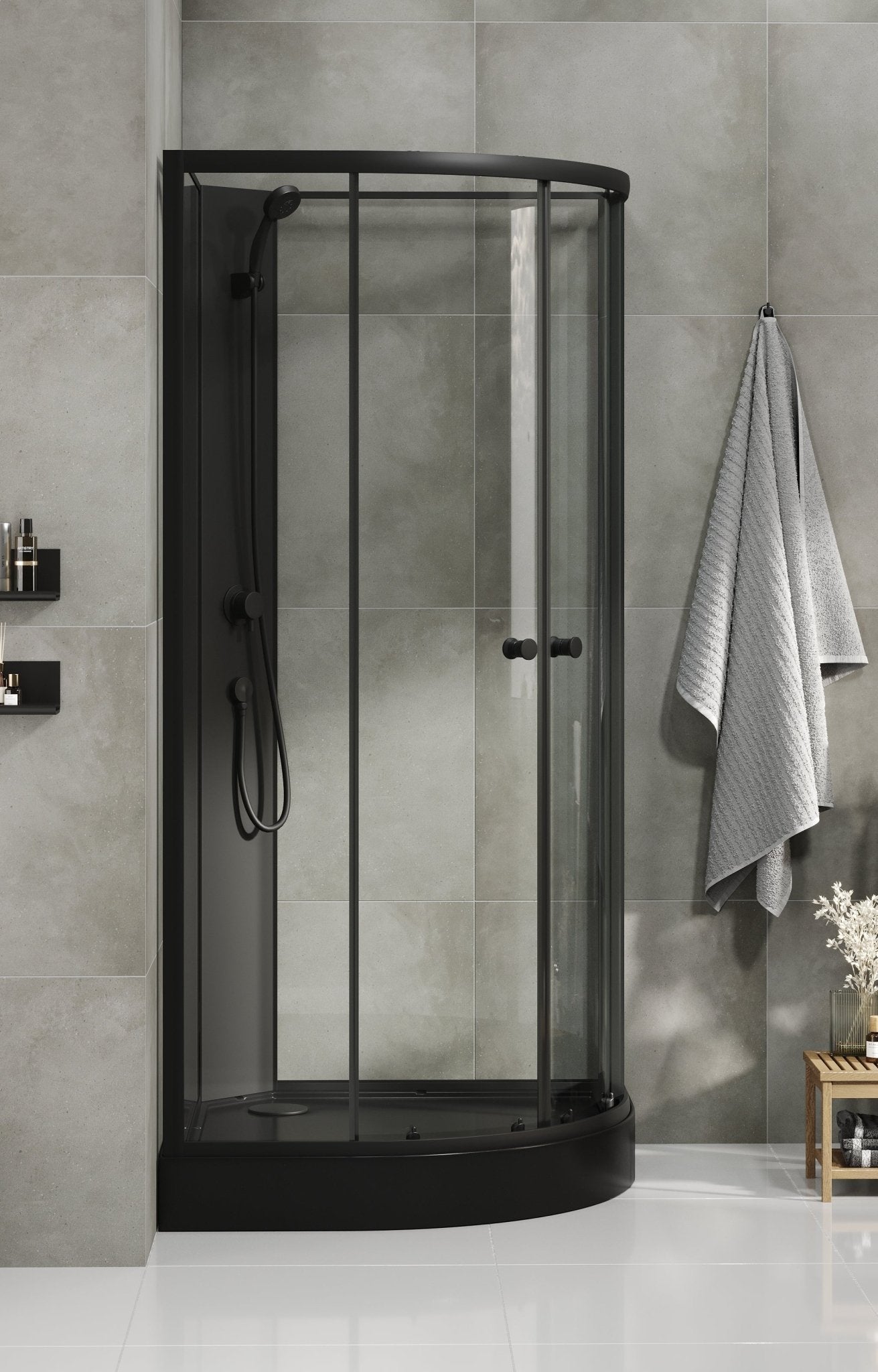 Duschkabin halvrund 90x90x195 cm - svarta profiler - klarglas - inkl. blandare och dusch - Austin - Duschkabiner - Austin, Shower Cabin Set - Code, Clear/Black - 90 cm - MASTERSTORE - 8595677199468 - Shower Cabin Set - Code - 20 - 090 - 14 - 02 - 02 - 8595677199468 -