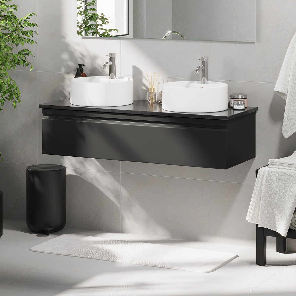Bathroom Vanity with Modern Integrated Front - 120x46x69 cm - Matt Black - Black Quartz Stone Countertop with Freestanding Ceramic Basin - Mirage - MASTERSTORE - 8595677193572 - Vanity Units - 89-120-03-02-45 - 8595677193572