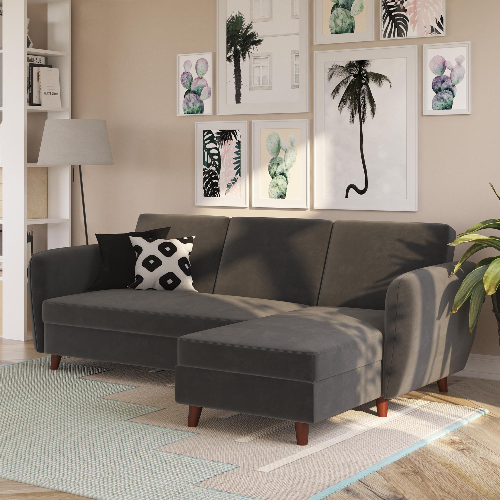 Bäddsoffa med chaise longue - 221x154x83 cm - för 3 personer, klädd i sammet - grå - Perry