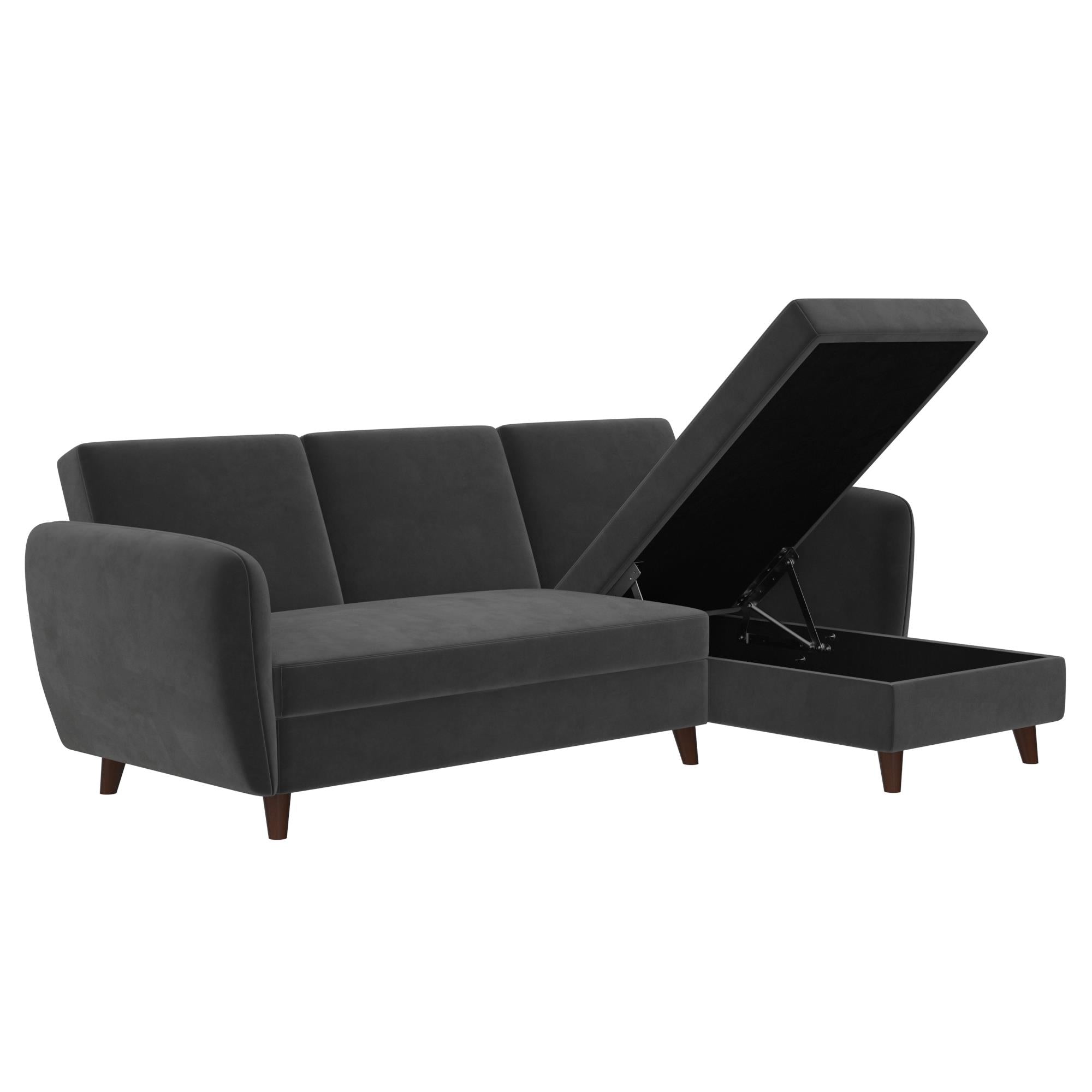 Bäddsoffa med chaise longue - 221x154x83 cm - för 3 personer, klädd i sammet - grå - Perry