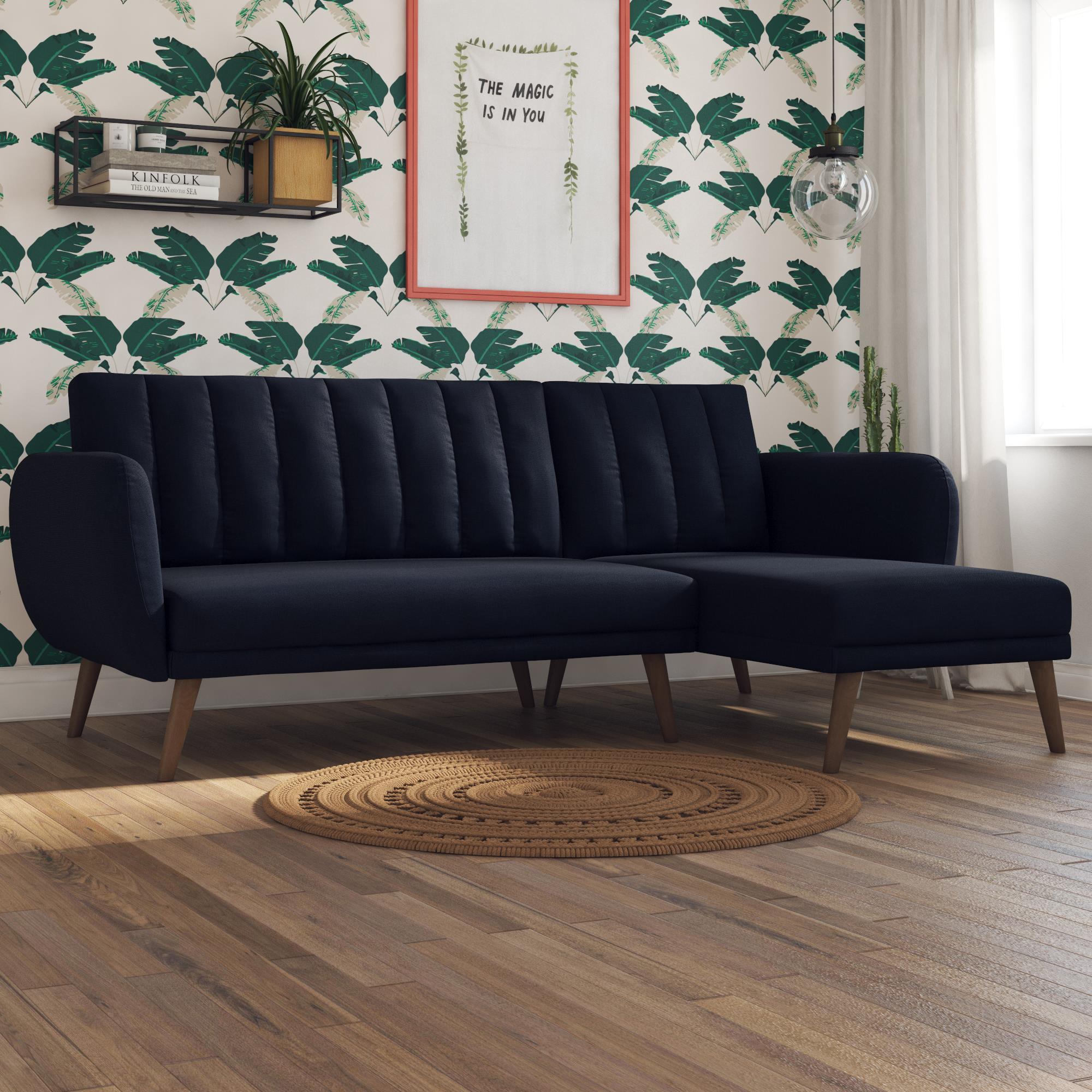 Bäddsoffa med schäslong - 224x141x80 cm - för 3 personer, klädd med linne - blå - Brittany