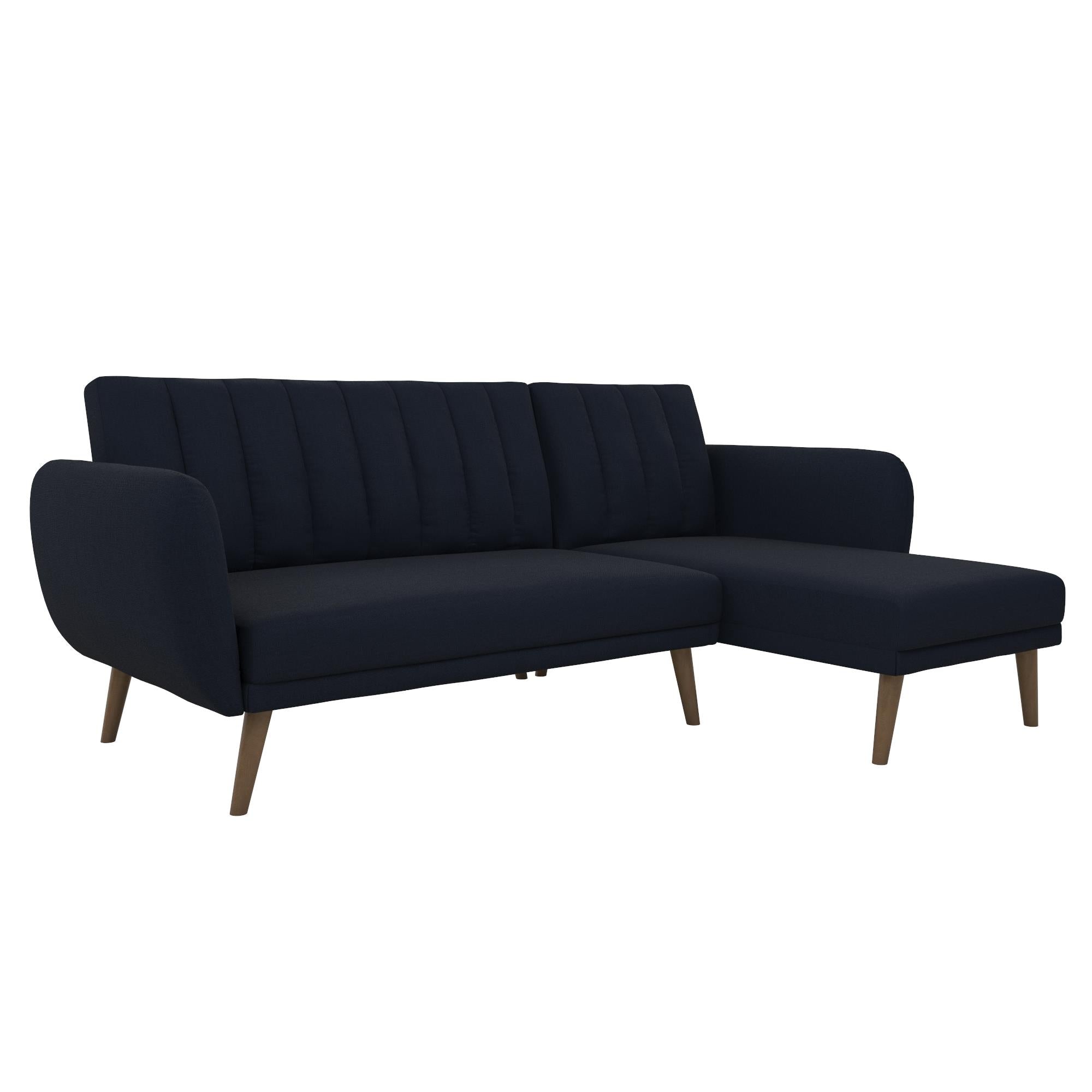 Bäddsoffa med schäslong - 224x141x80 cm - för 3 personer, klädd med linne - blå - Brittany