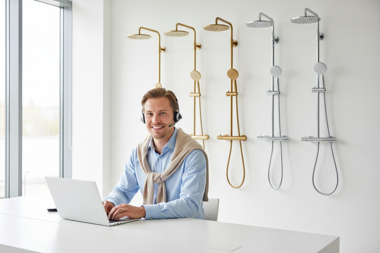 Hang different shower tube sets in the background in brass and chrome
