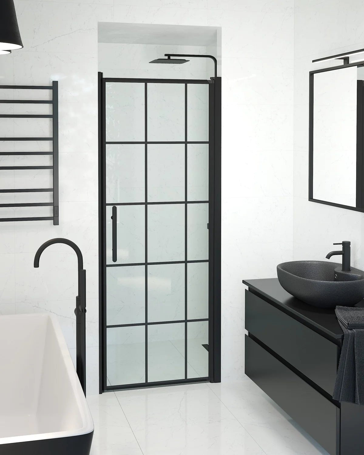 Vänern Niche Duschdörr, Klarglas med Spröjs, Svart Profil
