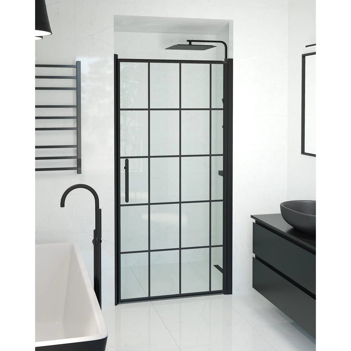 Vänern Niche Duschdörr, Klarglas med Spröjs, Svart Profil
