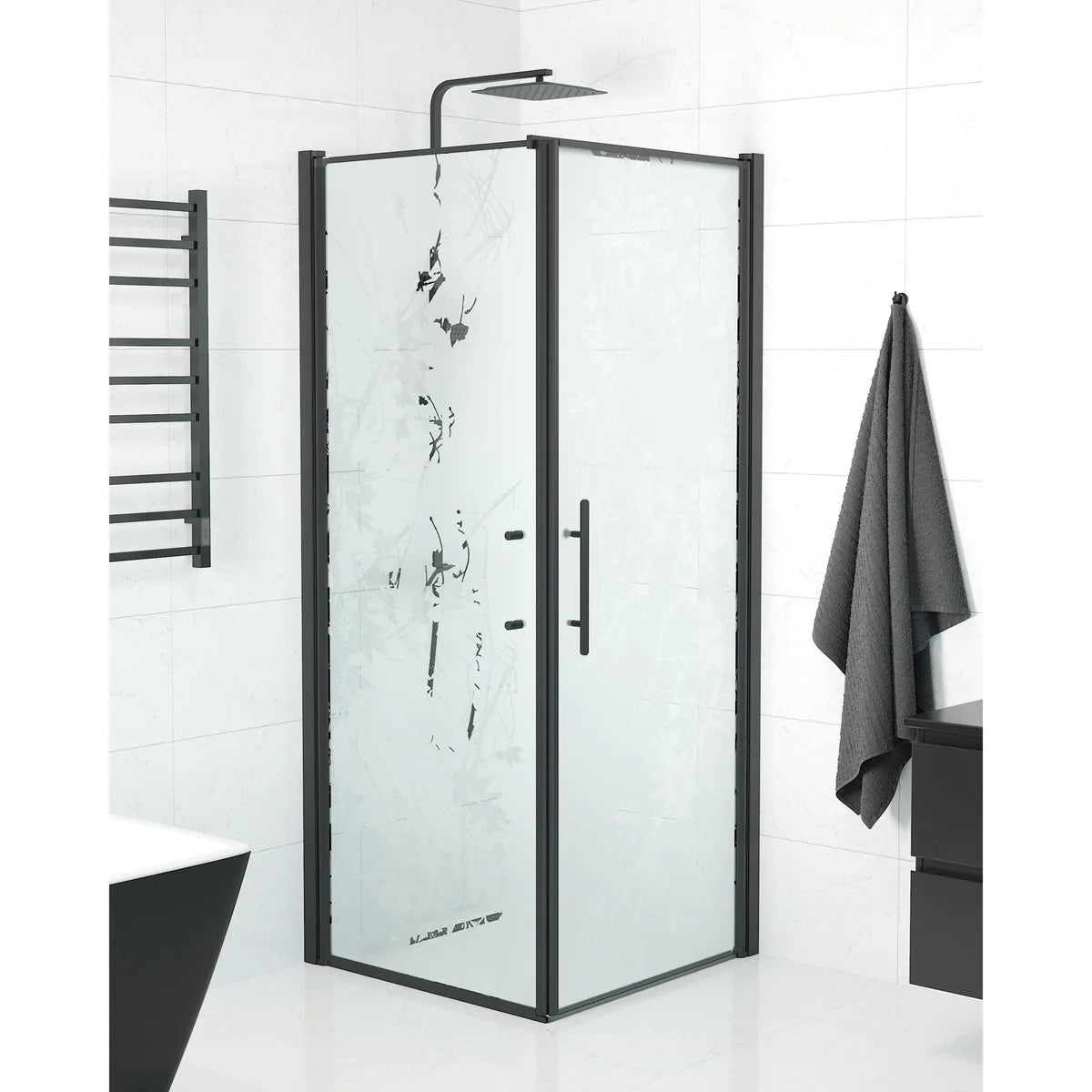 Vänern Duschhörn, Dörr + Vägg, Frostat Decor Glas, Svart Profil