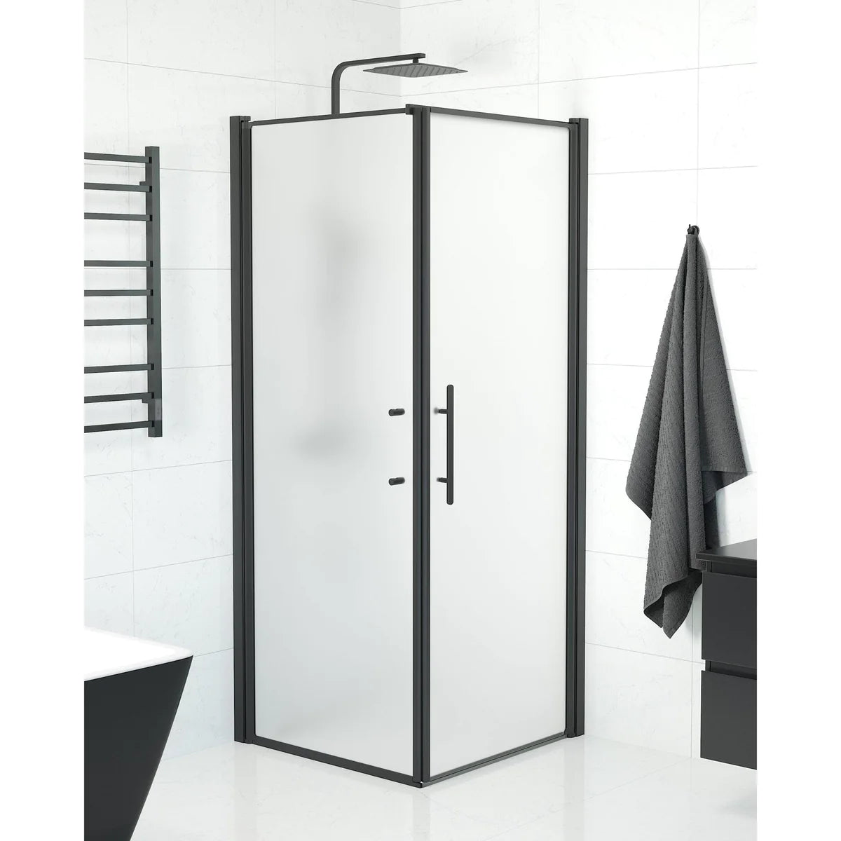 Vänern Duschhörn, Dörr + Vägg, Frostat Glas, Svart Profil