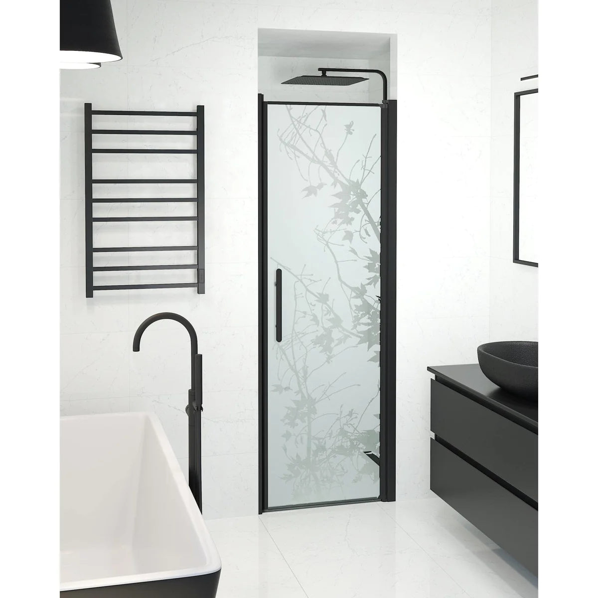 Vänern Niche Duschdörr, Frostat Decor Glas, Svart Profil