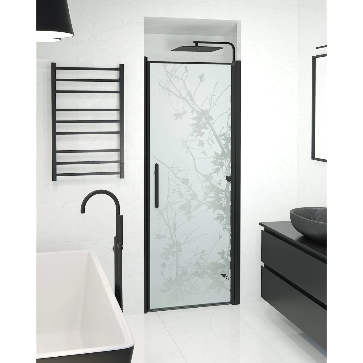Vänern Niche Duschdörr, Frostat Decor Glas, Svart Profil