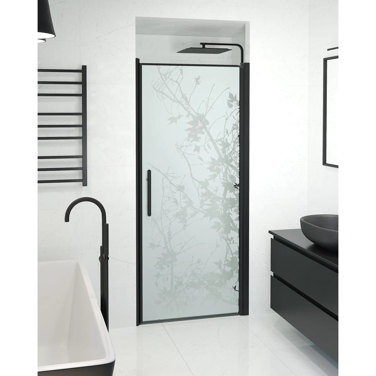 Vänern Niche Duschdörr, Frostat Decor Glas, Svart Profil