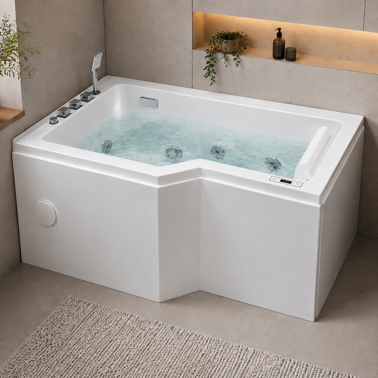 Asymmetriskt bubbelbadkar - luft- och hydromassage - 150x85x63 cm - vänstervänt - med uppvärmning - vit - Svensmarke