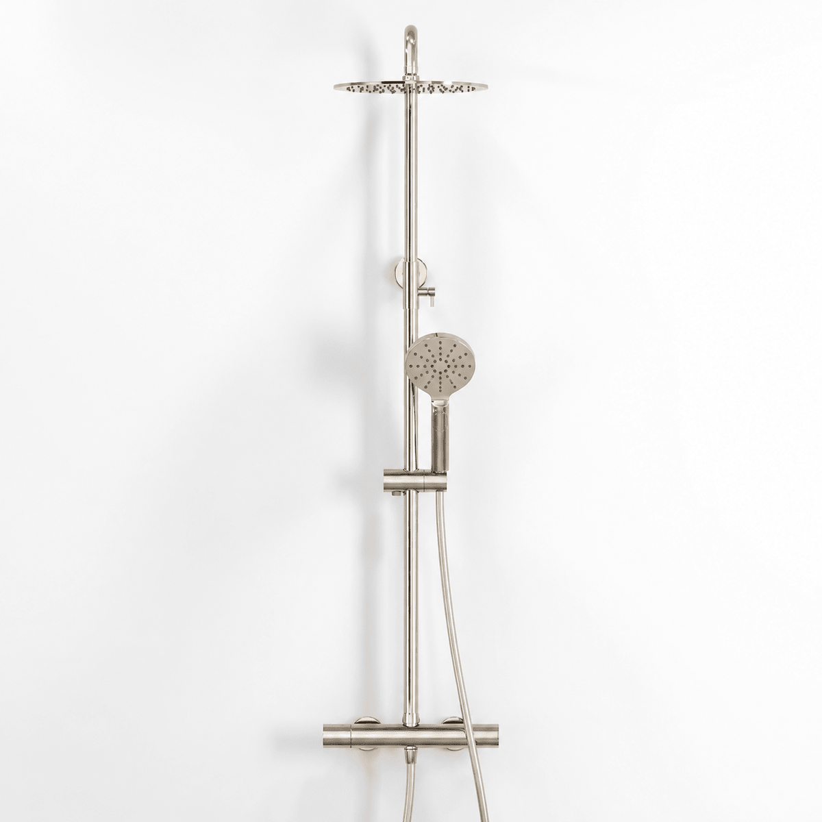 Shower system with thermostatic mixer 160mm C/C - Ø250 mm overhead shower, hand shower - polished brass - Dragør - MASTERSTORE - 8595677195705 - Showersystems - 31-120-10-64-00 - 8595677195705