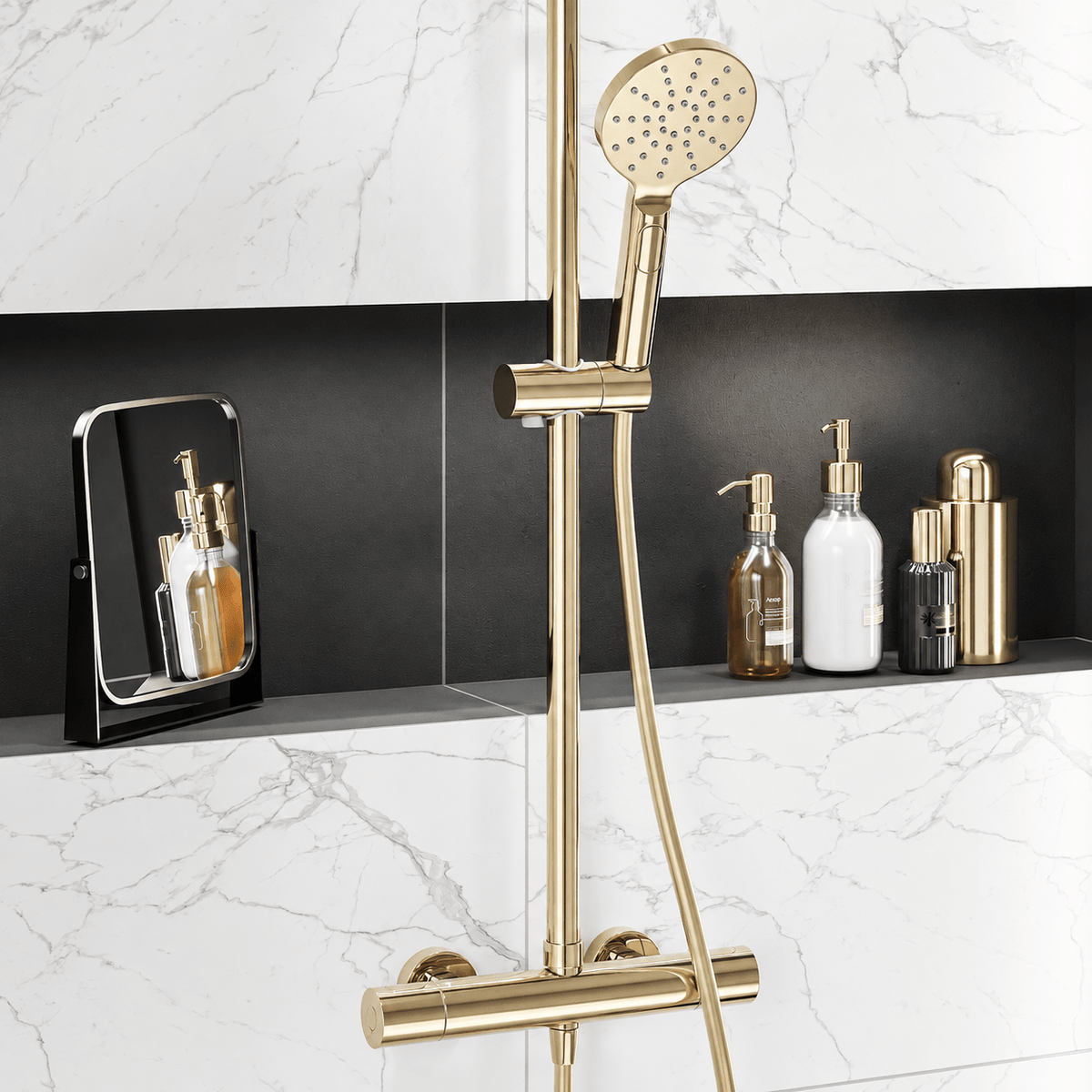 Shower system with thermostatic mixer 160mm C/C - Ø250 mm overhead shower, hand shower - polished brass - Dragør - MASTERSTORE - 8595677195705 - Showersystems - 31-120-10-64-00 - 8595677195705