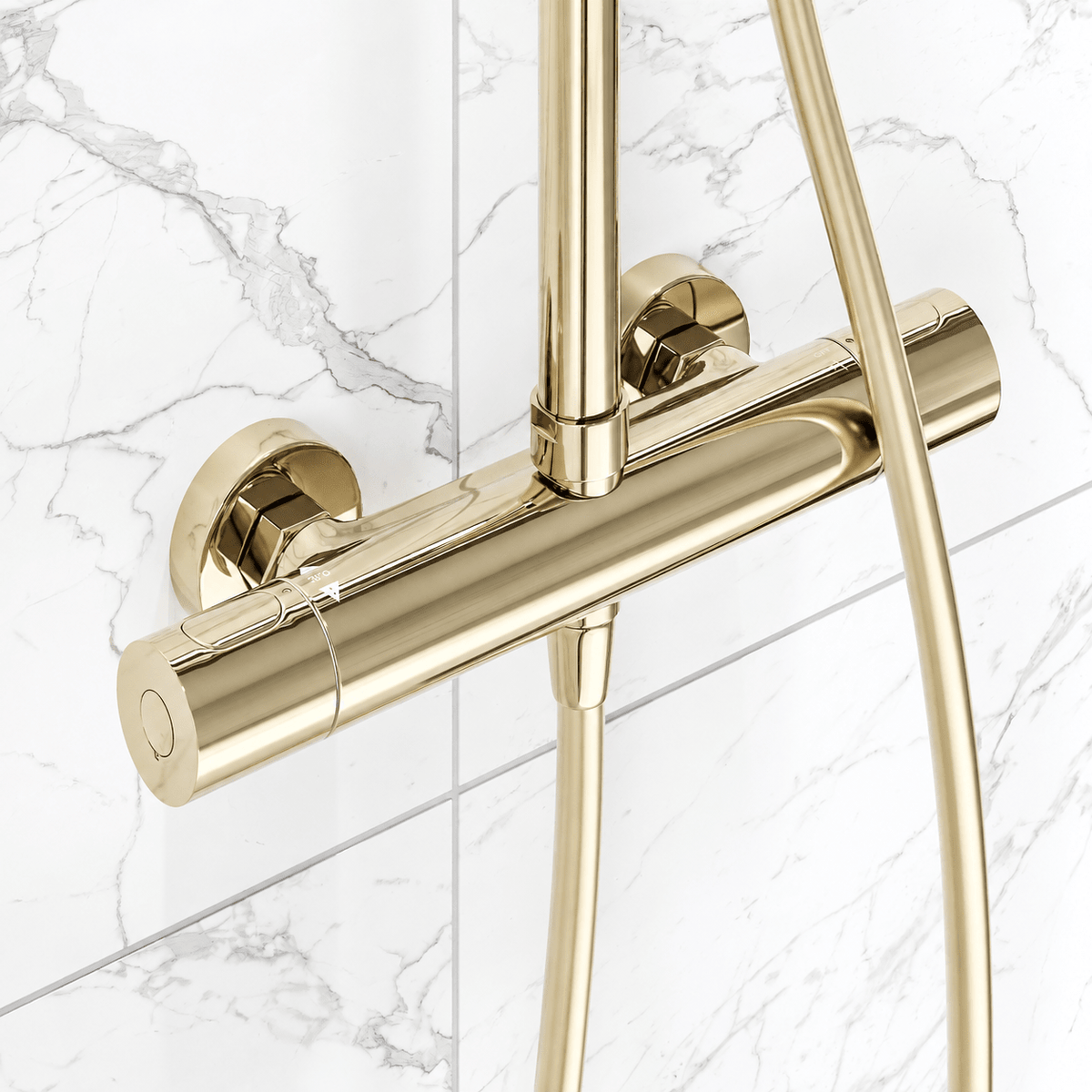 Shower system with thermostatic mixer 160mm C/C - Ø250 mm overhead shower, hand shower - polished brass - Dragør - MASTERSTORE - 8595677195705 - Showersystems - 31-120-10-64-00 - 8595677195705